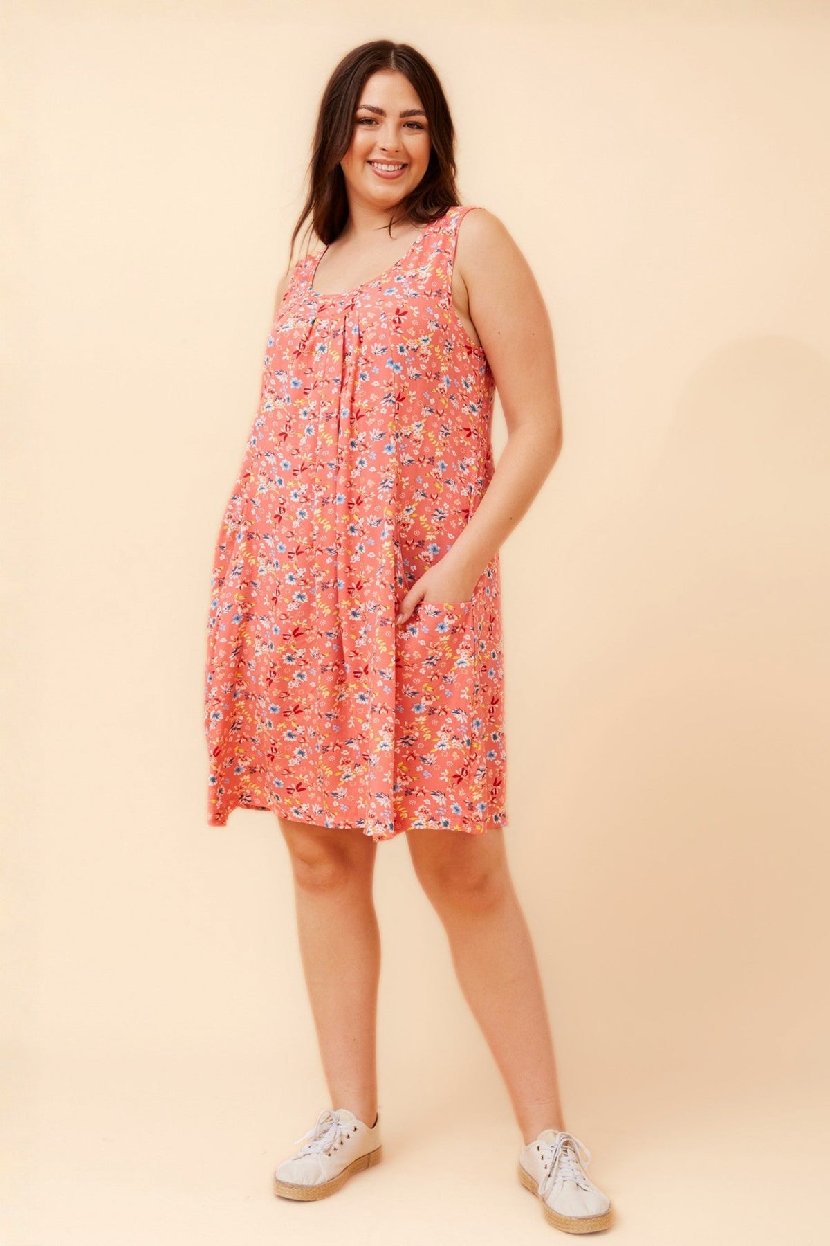 Image of Dresses. Product name - VENICE FLORAL SHORT DRESS in Coral colour by brand - Caroline Morgan Australia