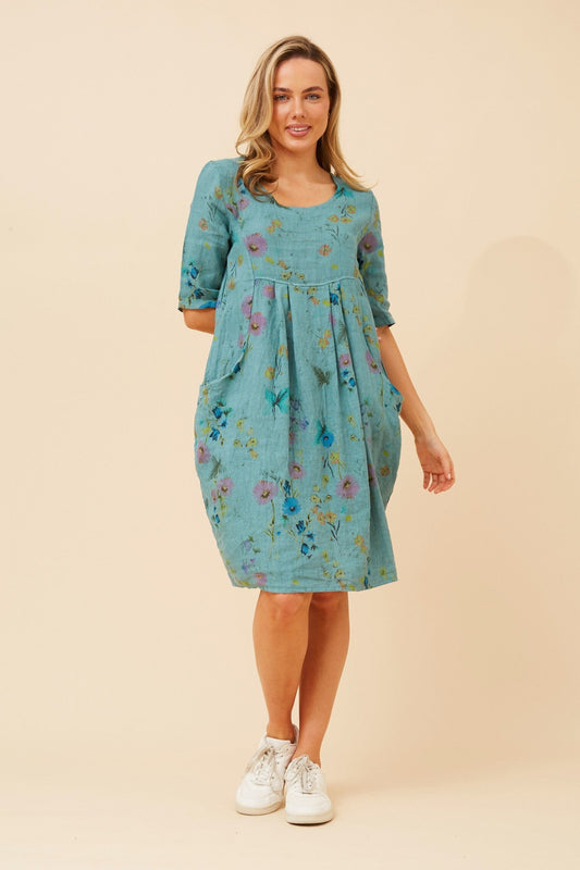 Image of Dresses. Product name - PISA FLORAL LINEN DRESS in White colour by brand - BOTTEGA MODA