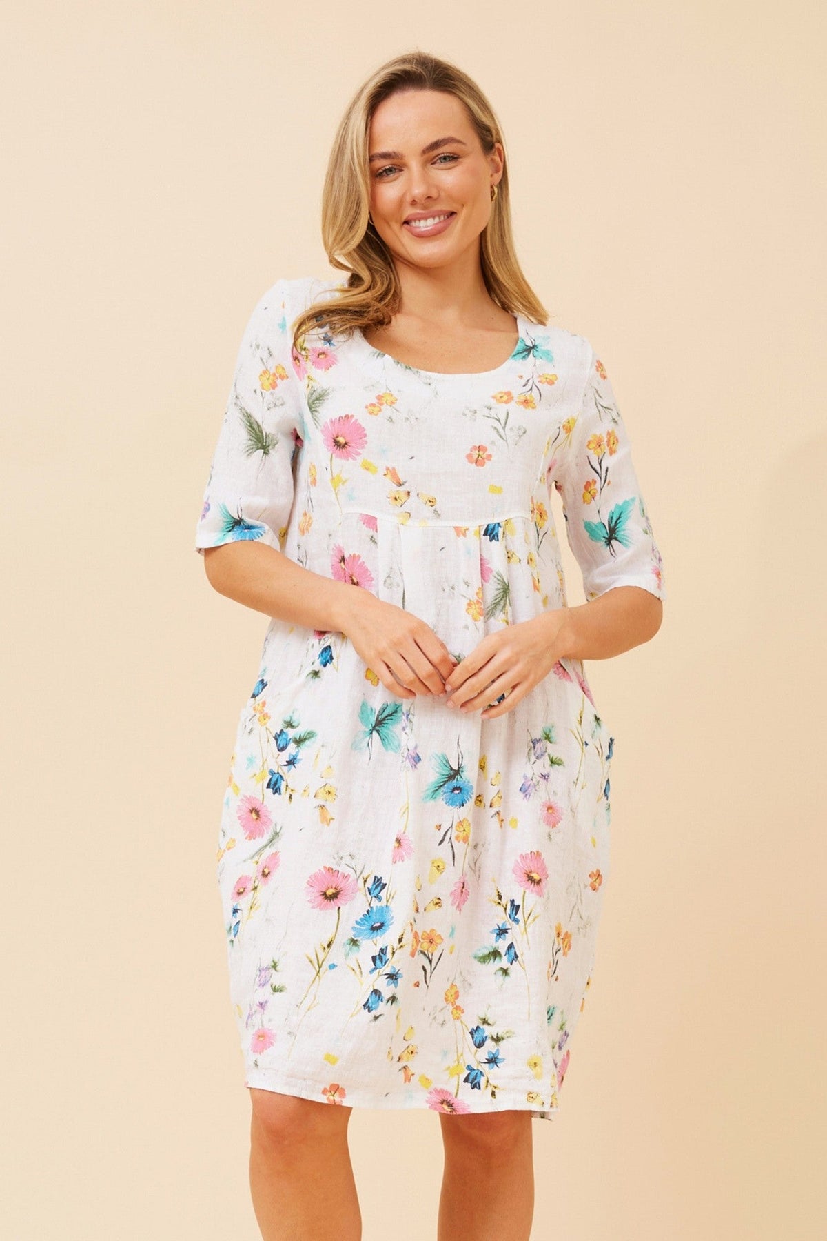 PISA FLORAL LINEN DRESS (White)
