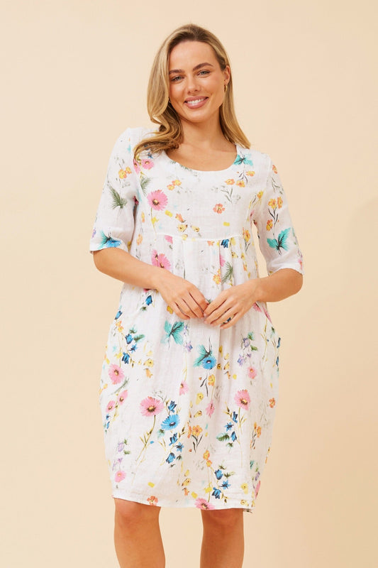PISA FLORAL LINEN DRESS (White)
