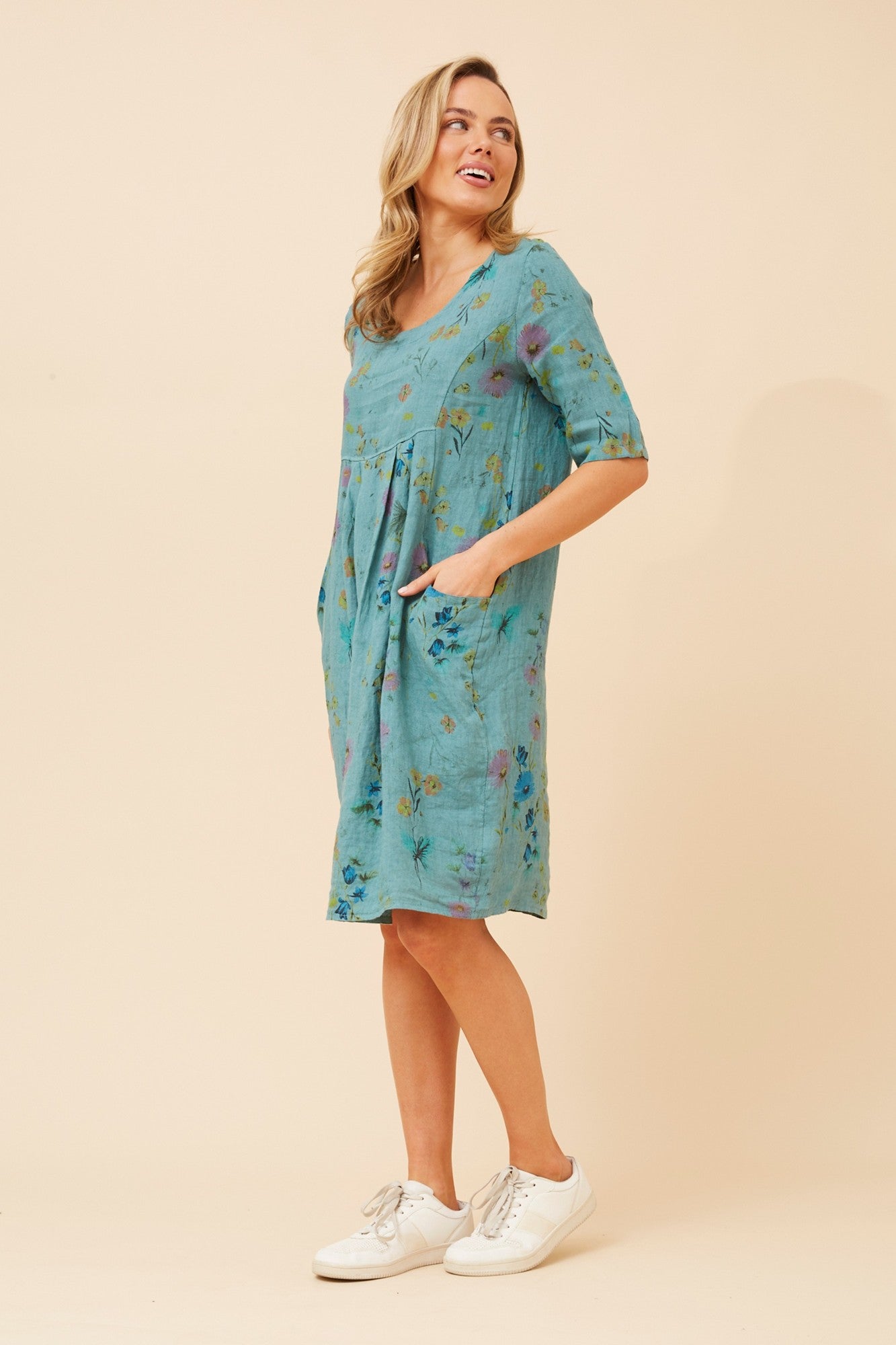 PISA FLORAL LINEN DRESS (White)