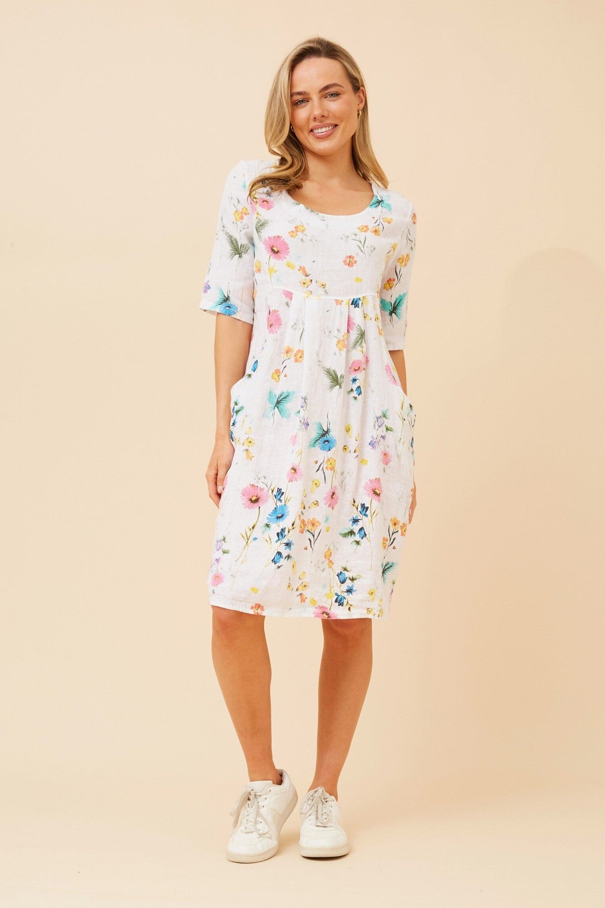 BOTTEGA MODA PISA FLORAL LINEN DRESS (White)