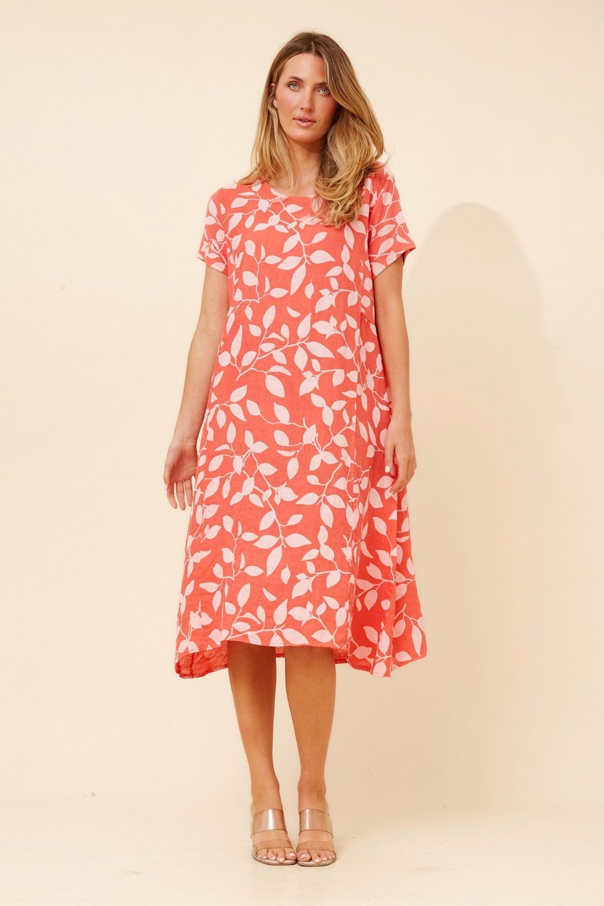 Image of Dresses. Product name - BATISTA LEAF PRINT LINEN DRESS in Cobalt Blue colour by brand - BOTTEGA MODA