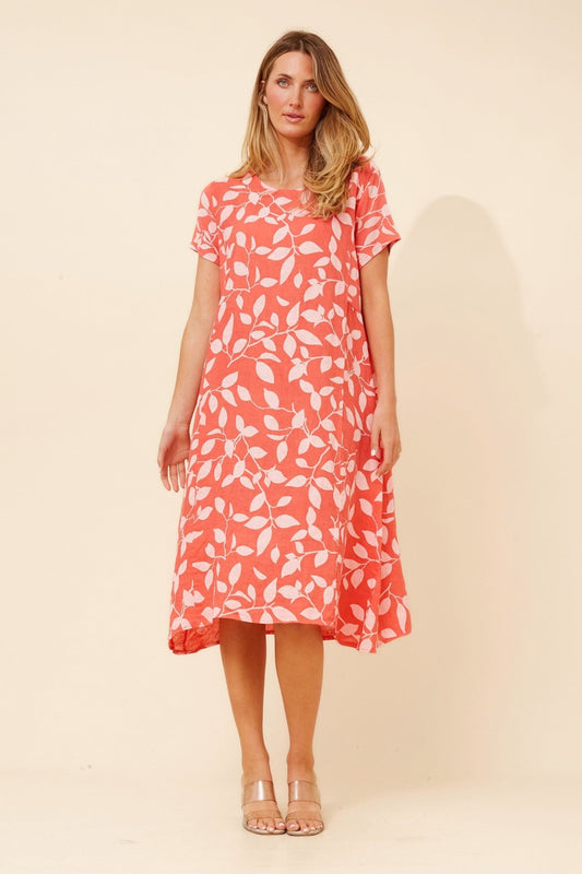 Image of Dresses. Product name - BATISTA LEAF PRINT LINEN DRESS in Cobalt Blue colour by brand - BOTTEGA MODA