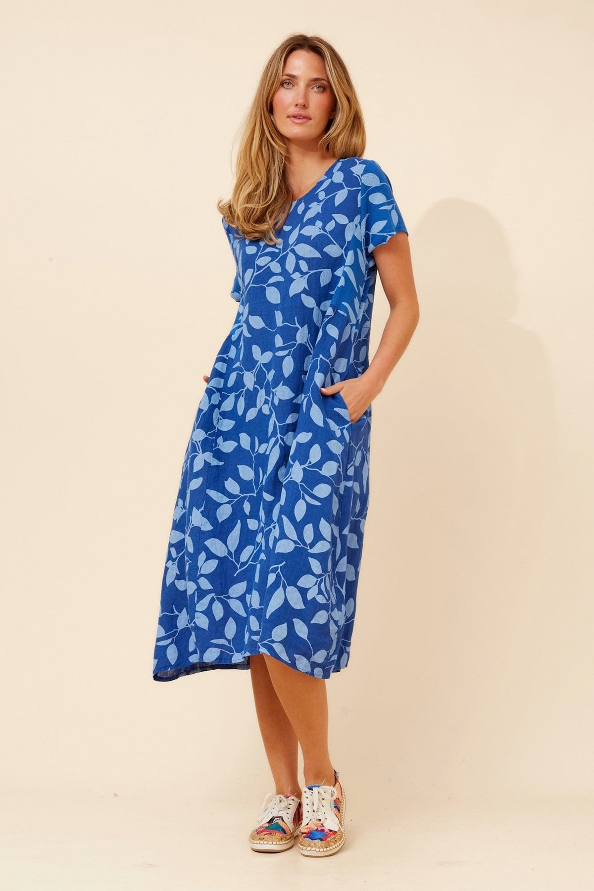 BOTTEGA MODA BATISTA LEAF PRINT LINEN DRESS (Cobalt Blue)