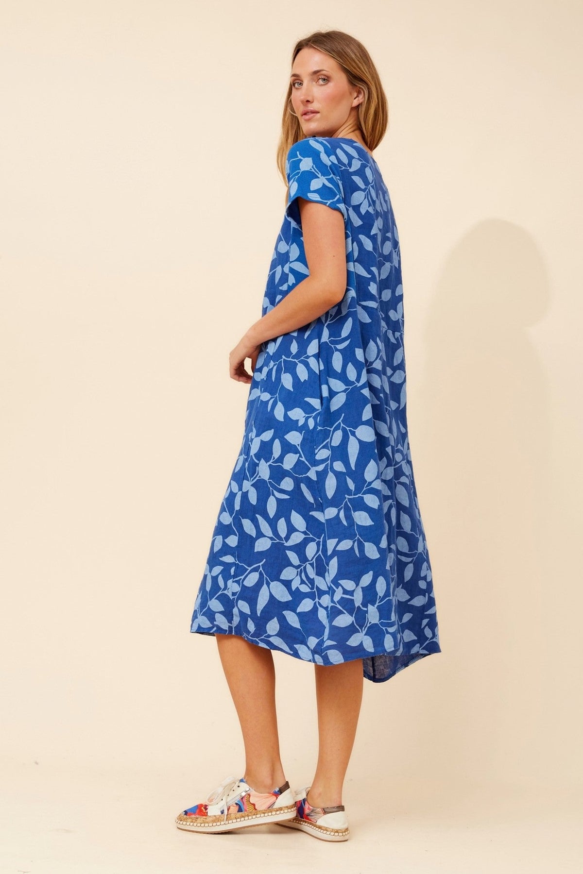 BOTTEGA MODA BATISTA LEAF PRINT LINEN DRESS (Cobalt Blue)