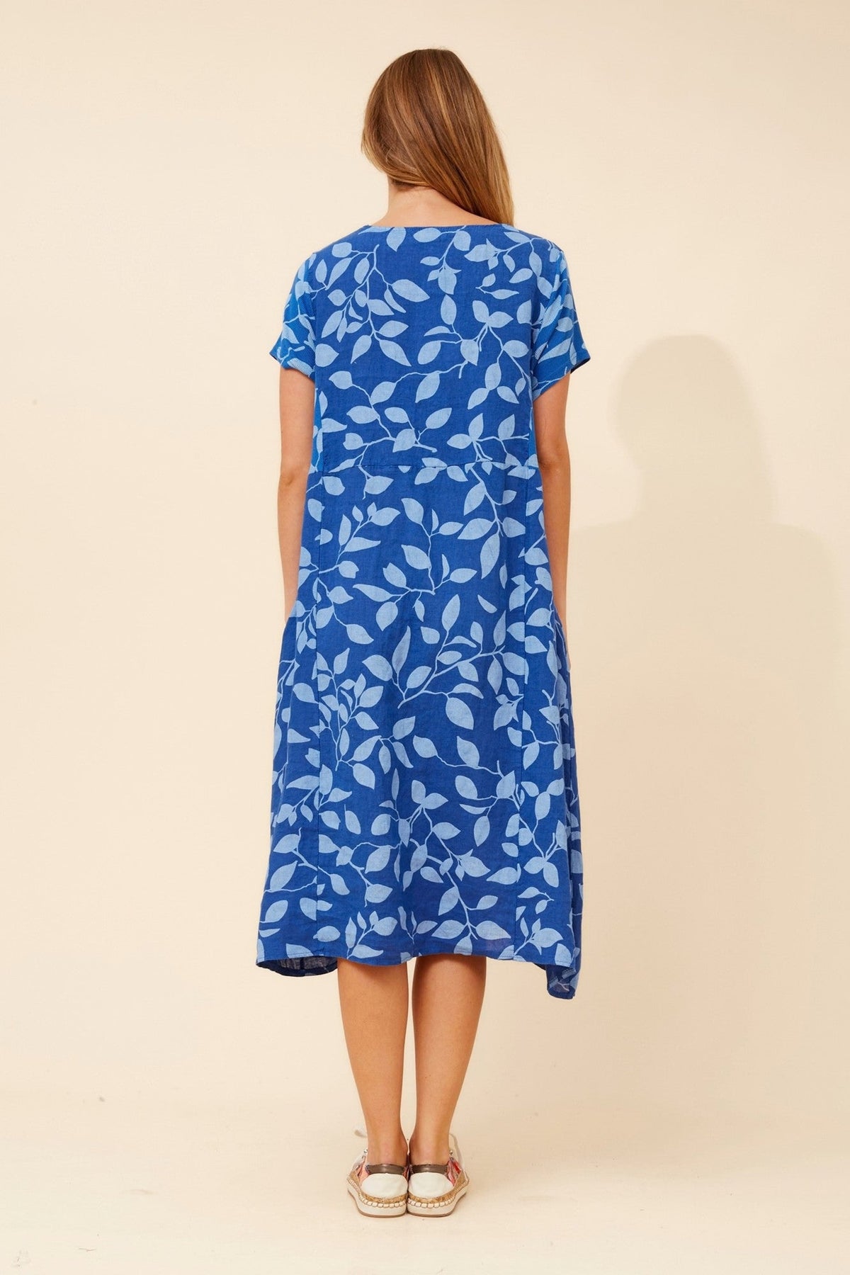 BOTTEGA MODA BATISTA LEAF PRINT LINEN DRESS (Cobalt Blue)