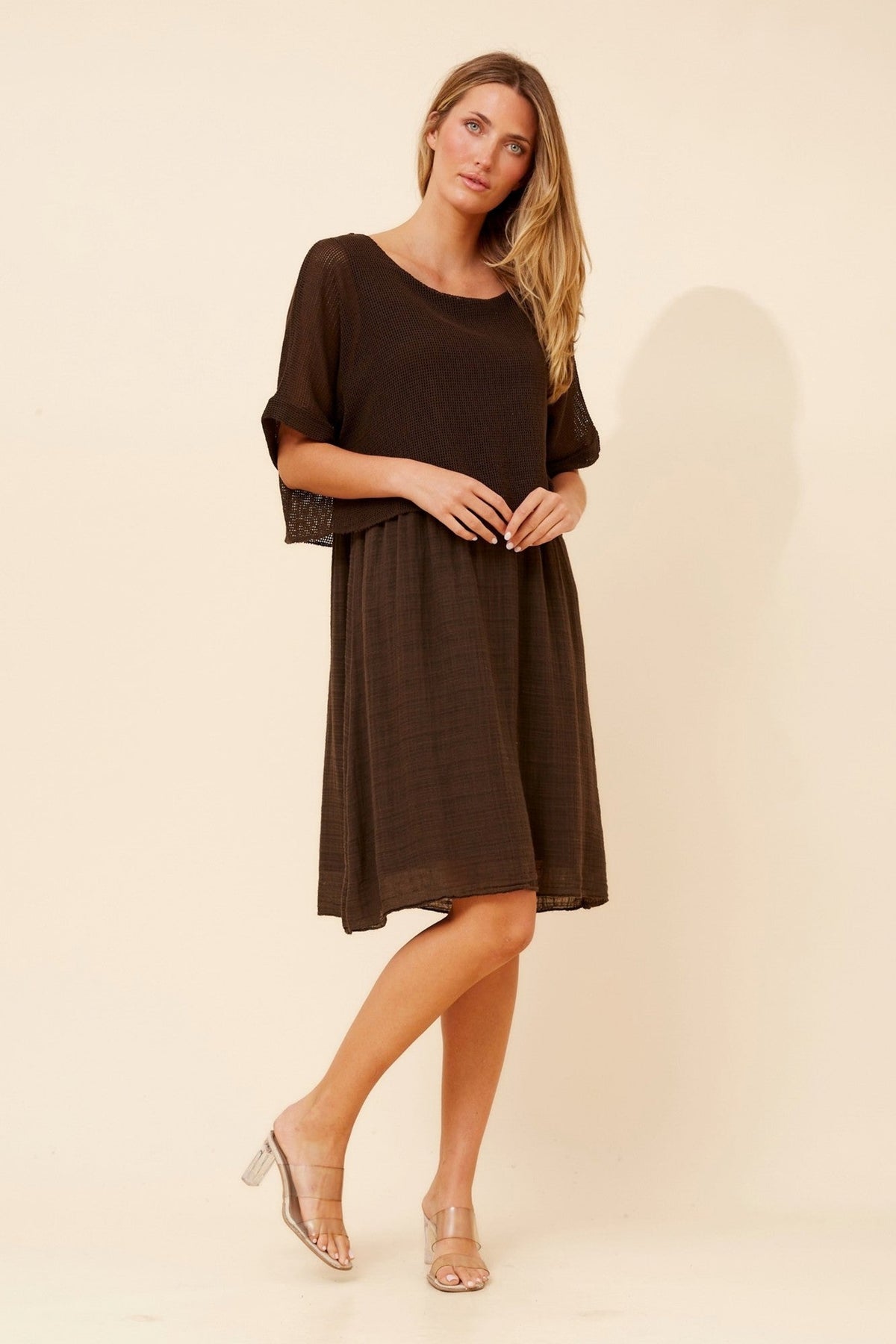 Image of Dresses. Product name - SANTANA LAYERED MESH DRESS in Rosewood colour by brand - BOTTEGA MODA