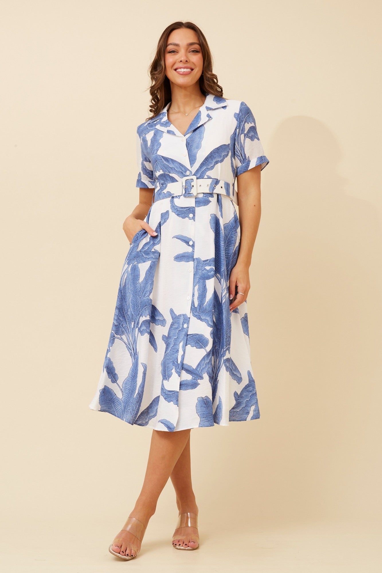 Image of Dresses. Product name - ALANIA LEAF PRINT SHIRT DRESS in Blue colour by brand - Caroline Morgan Australia