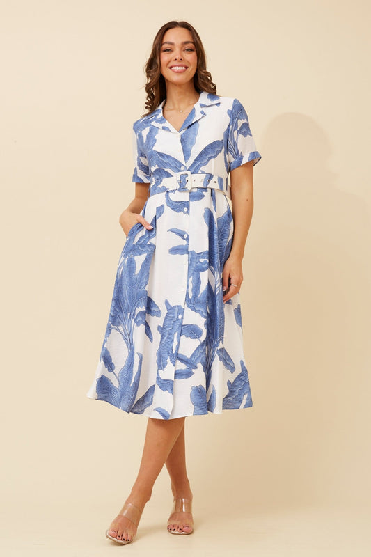 Image of Dresses. Product name - ALANIA LEAF PRINT SHIRT DRESS in Blue colour by brand - Caroline Morgan Australia
