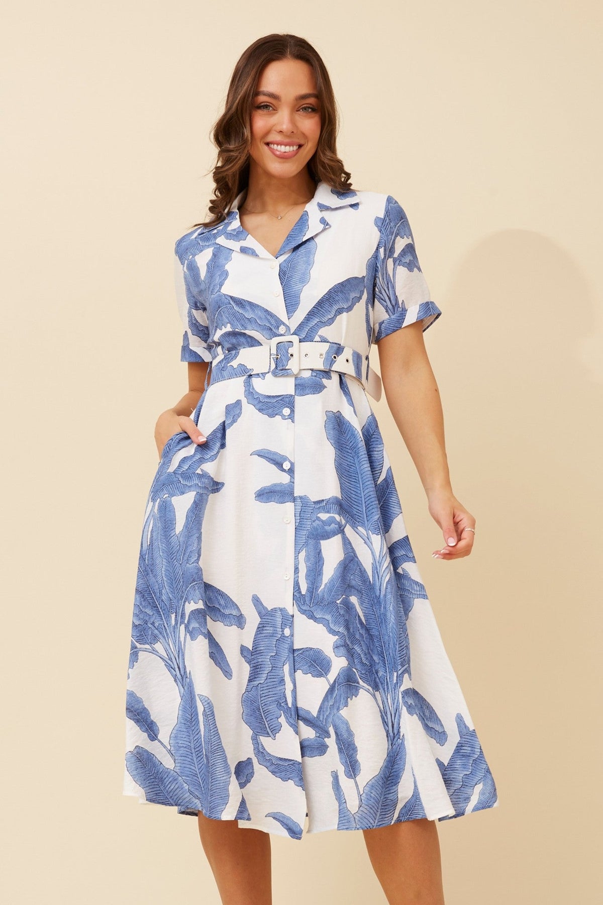 ALANIA LEAF PRINT SHIRT DRESS (Blue)