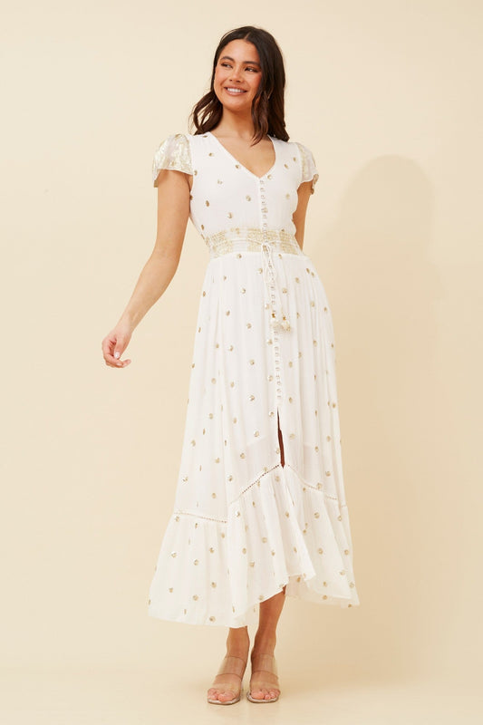 Image of Dresses. Product name - CORINNE SEQUIN MAXI DRESS in Cream colour by brand - Caroline Morgan Australia
