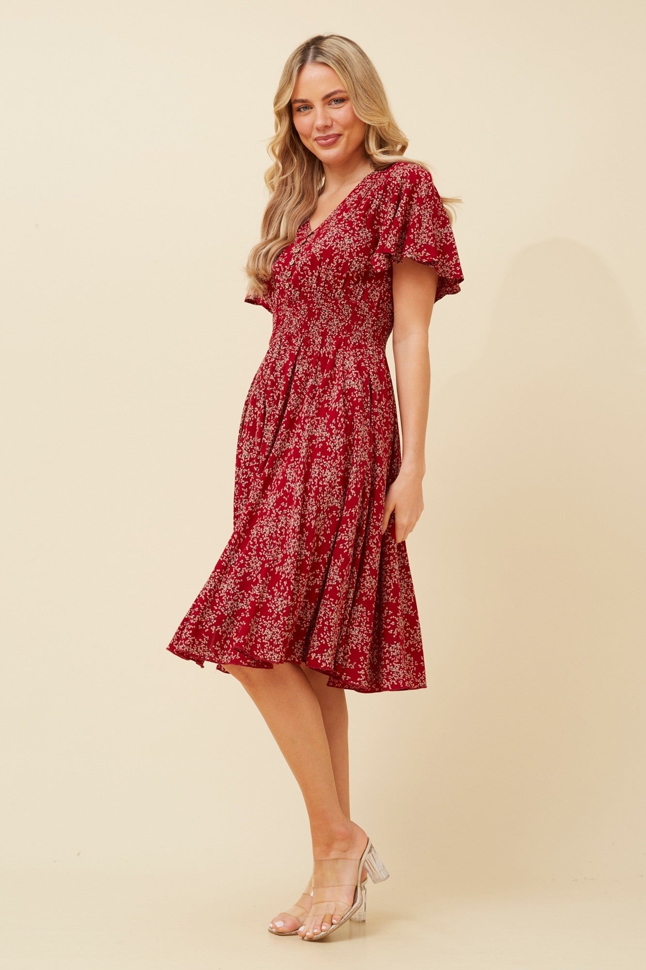 Image of Dresses. Product name - SANDY DITSY FLORAL PRINT DRESS in Red colour by brand - Caroline Morgan Australia
