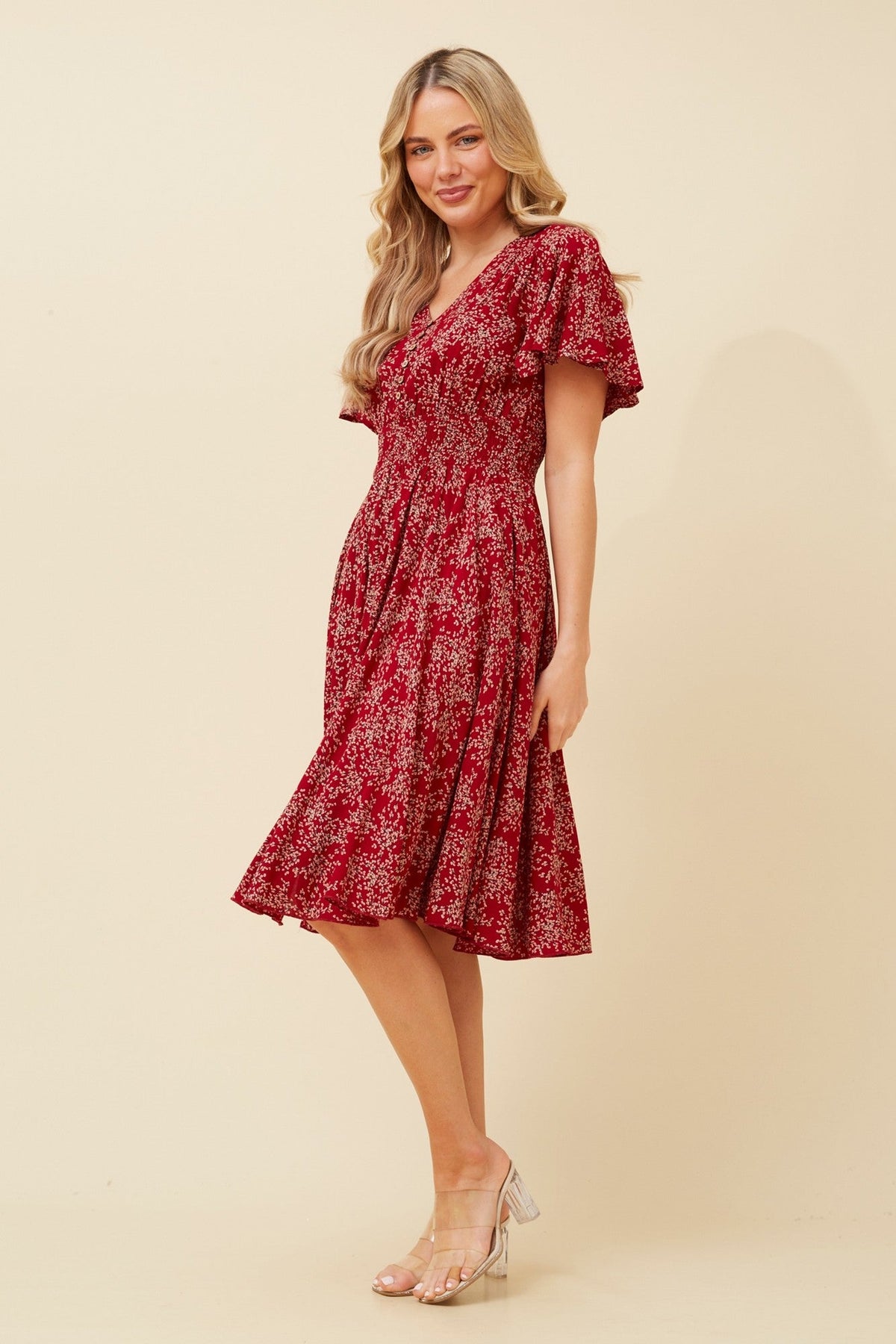 Image of Dresses. Product name - SANDY DITSY FLORAL PRINT DRESS in Red colour by brand - Caroline Morgan Australia