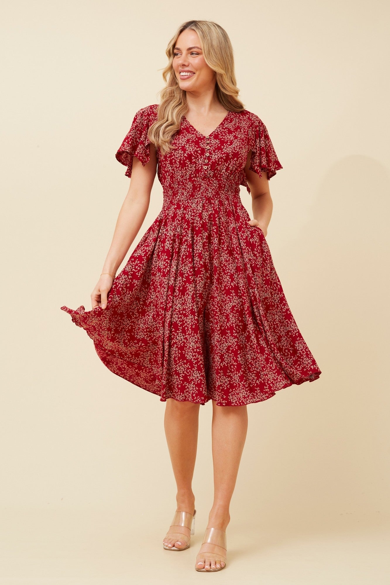 SANDY DITSY FLORAL PRINT DRESS (Red)