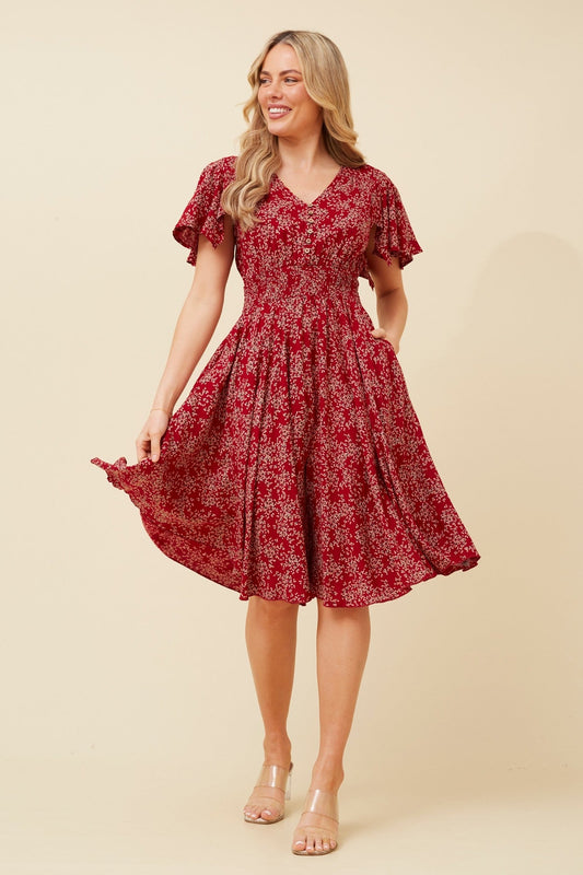 SANDY DITSY FLORAL PRINT DRESS (Red)