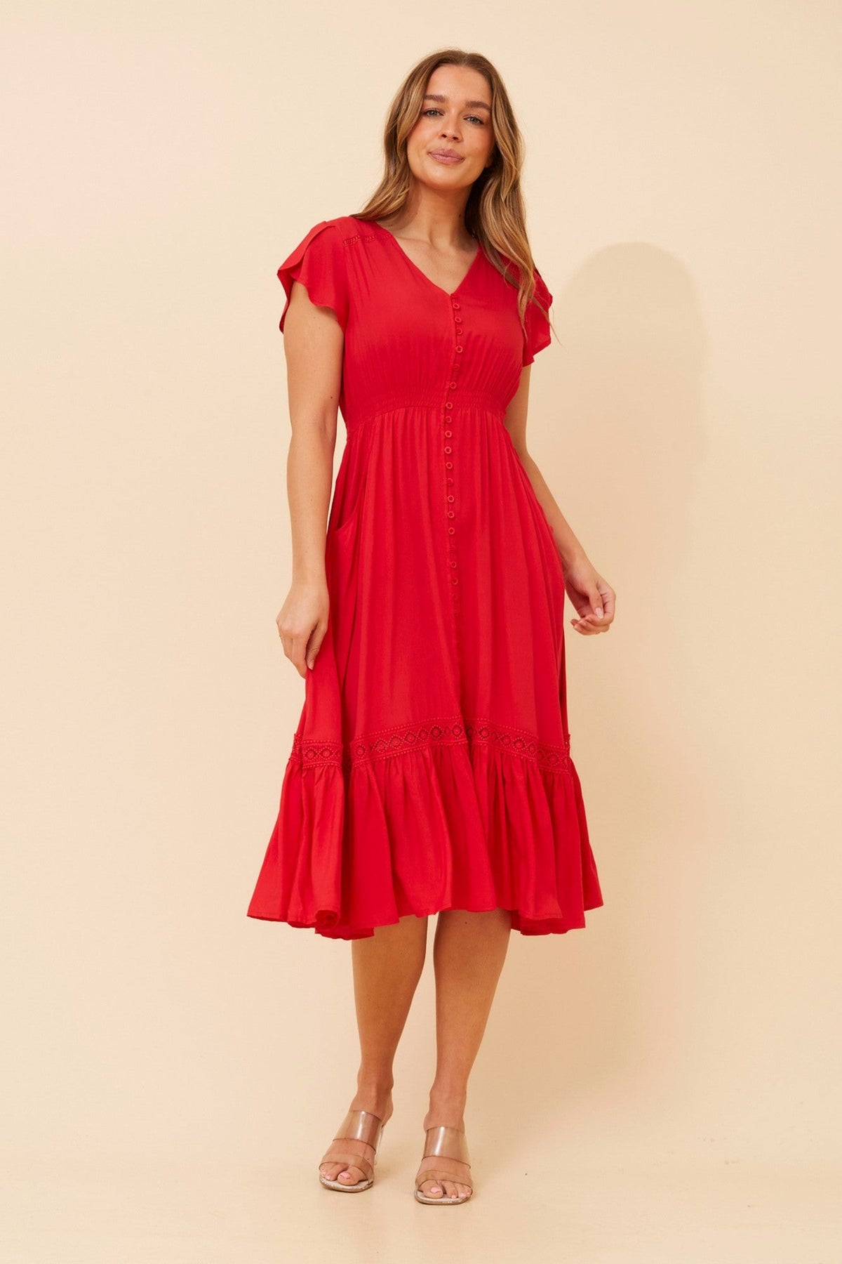 Image of Dresses. Product name - MOROCCO MIDI DRESS in Magenta colour by brand - Caroline Morgan Australia