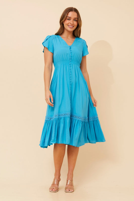 Image of Dresses. Product name - MOROCCO MIDI DRESS in Aqua colour by brand - Caroline Morgan Australia