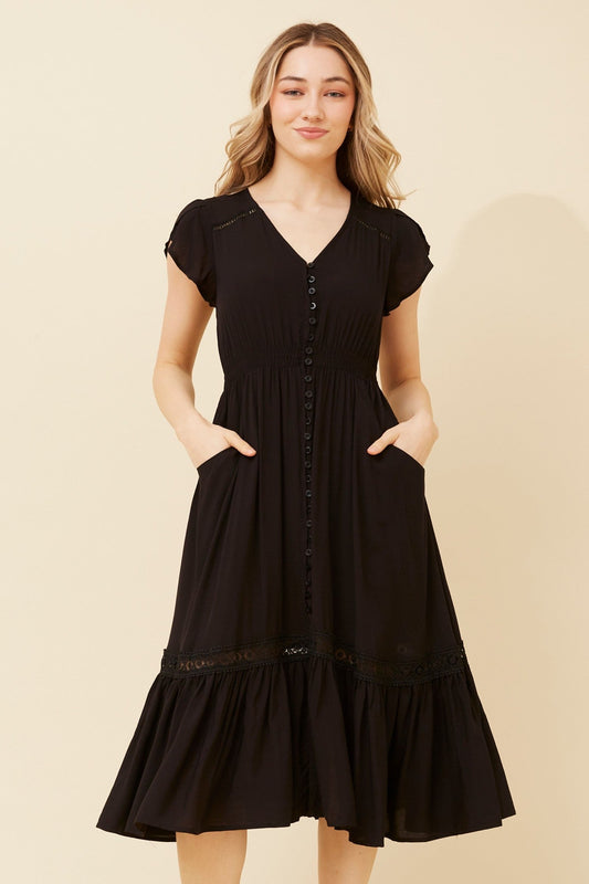 Image of Dresses. Product name - MOROCCO MIDI DRESS in Black colour by brand - Caroline Morgan Australia