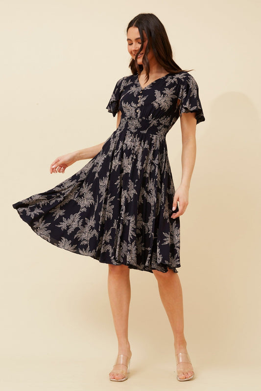 Image of Dresses. Product name - SANDY BOTANICAL PRINT DRESS in Navy colour by brand - Caroline Morgan Australia