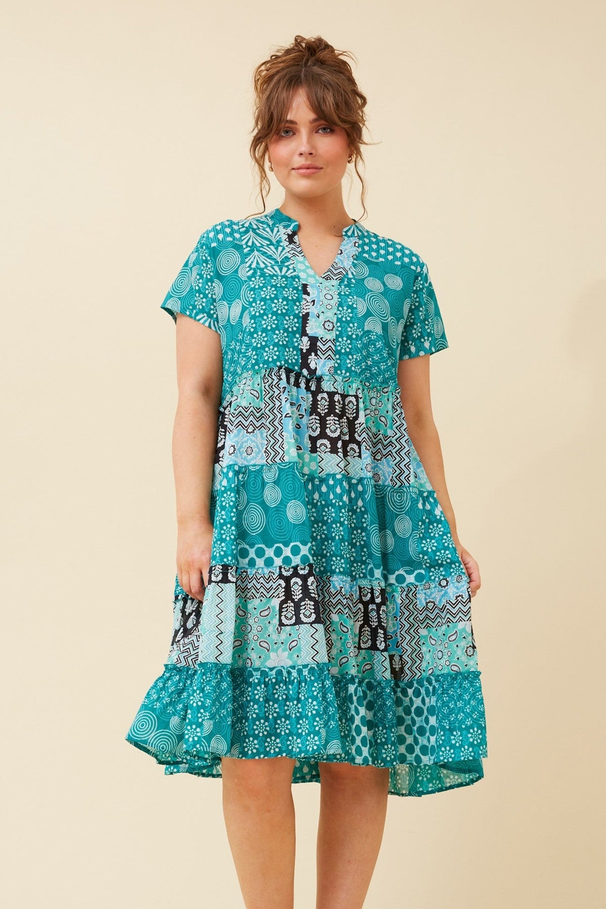 SOMYA PATCHWORK PRINT DRESS (Multi Green)