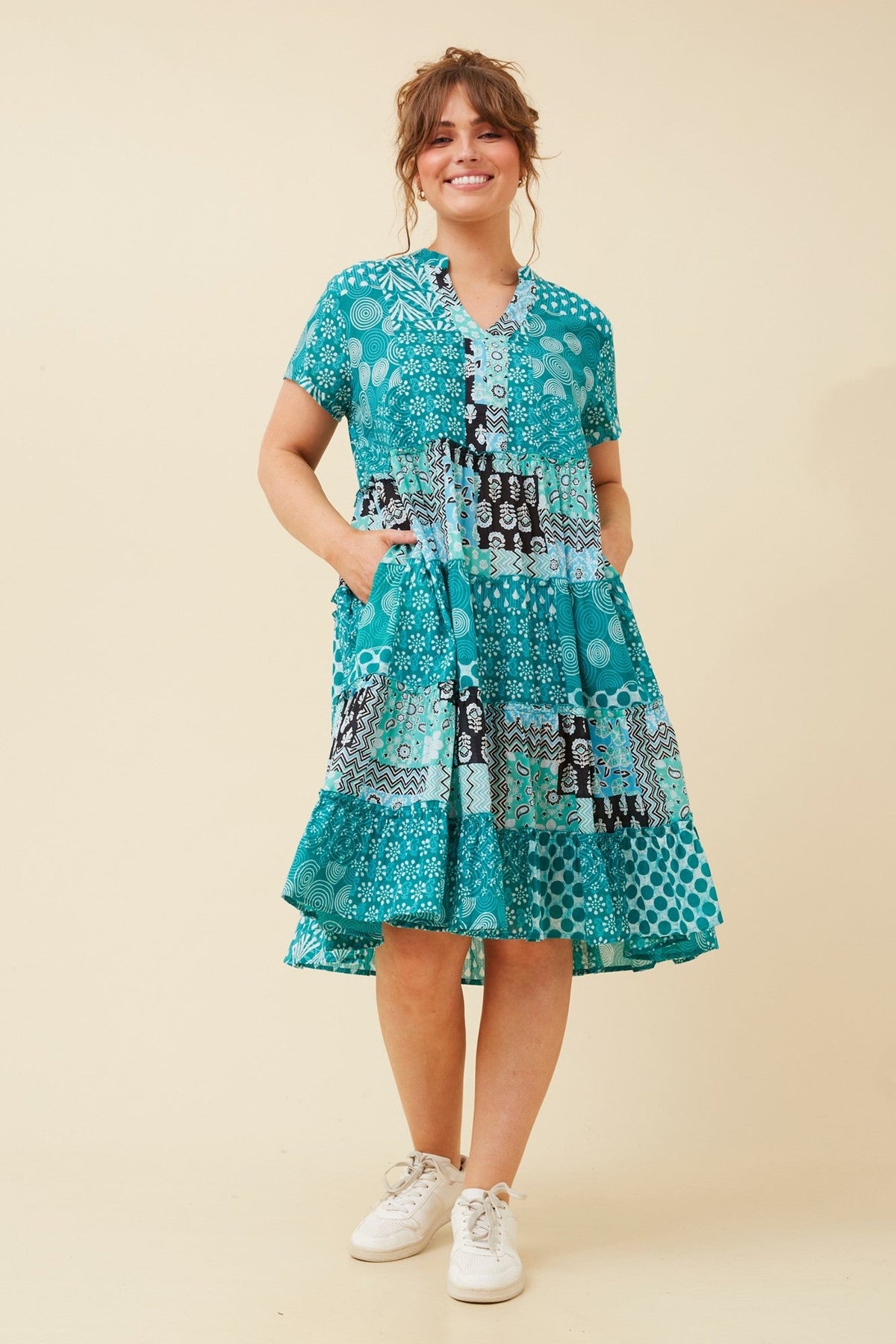 SOMYA PATCHWORK PRINT DRESS (Multi Green)