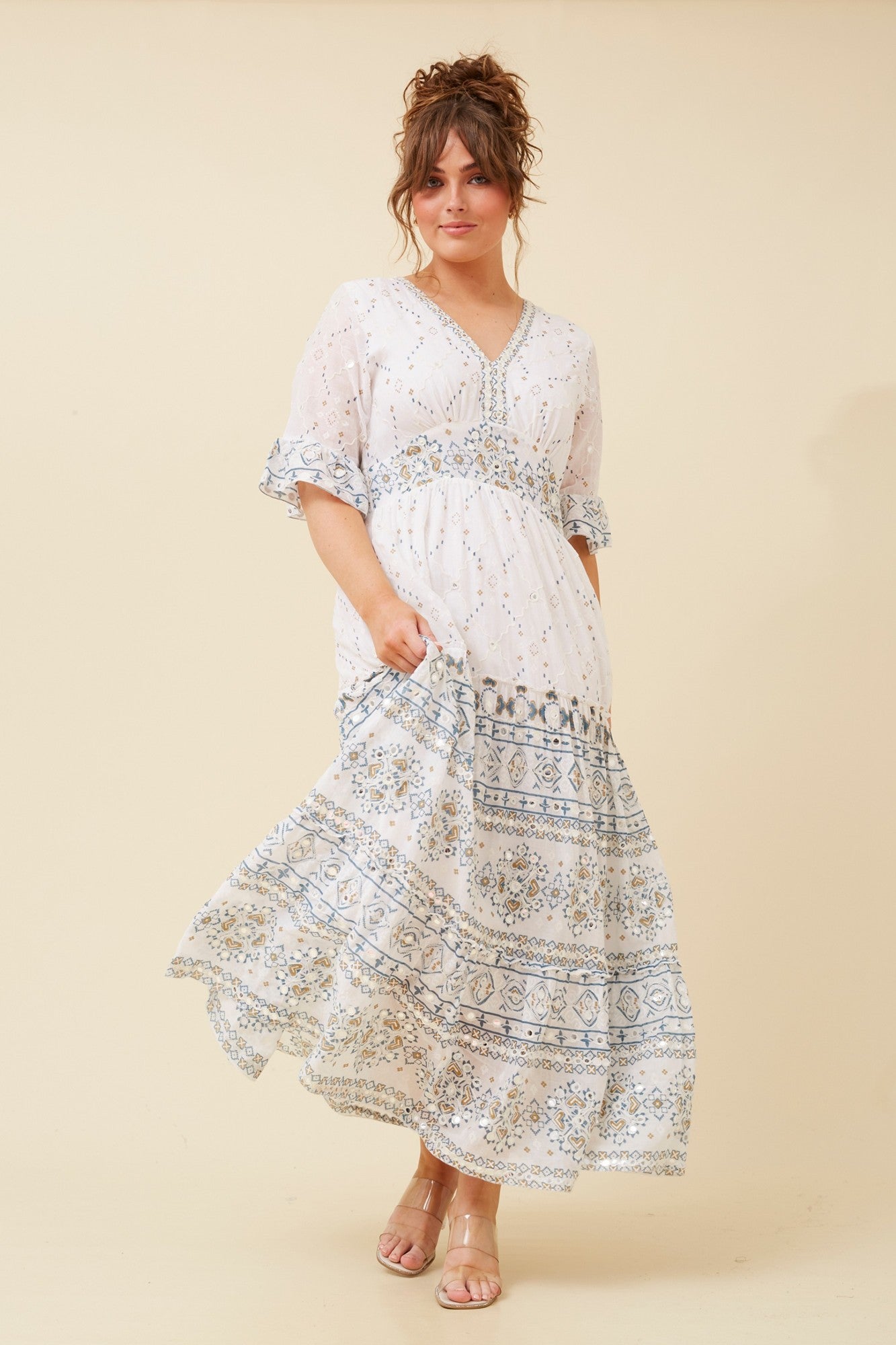 Image of Dresses. Product name - PURNIMA MIRROR MAXI DRESS in White colour by brand - MYSTIC MONSOON