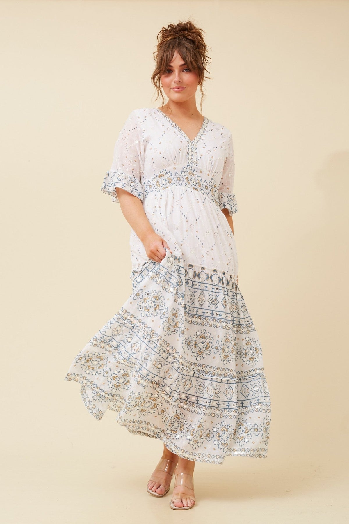 Image of Dresses. Product name - PURNIMA MIRROR MAXI DRESS in White colour by brand - MYSTIC MONSOON
