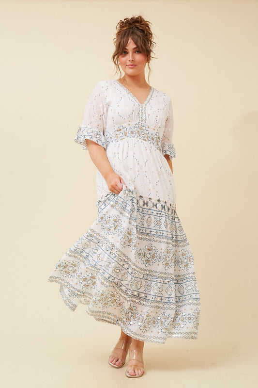 Image of Dresses. Product name - PURNIMA MIRROR MAXI DRESS in White colour by brand - MYSTIC MONSOON
