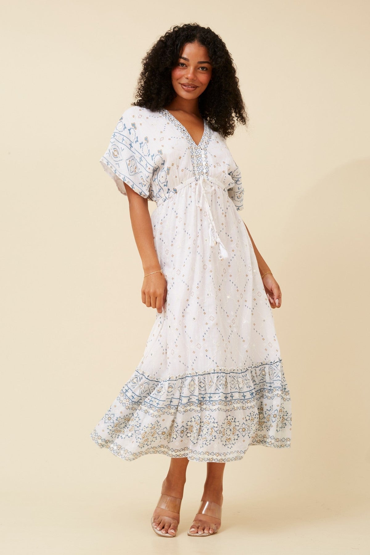 Image of Dresses. Product name - CHRISTINA MIRROR WORK DRESS in White colour by brand - MYSTIC MONSOON