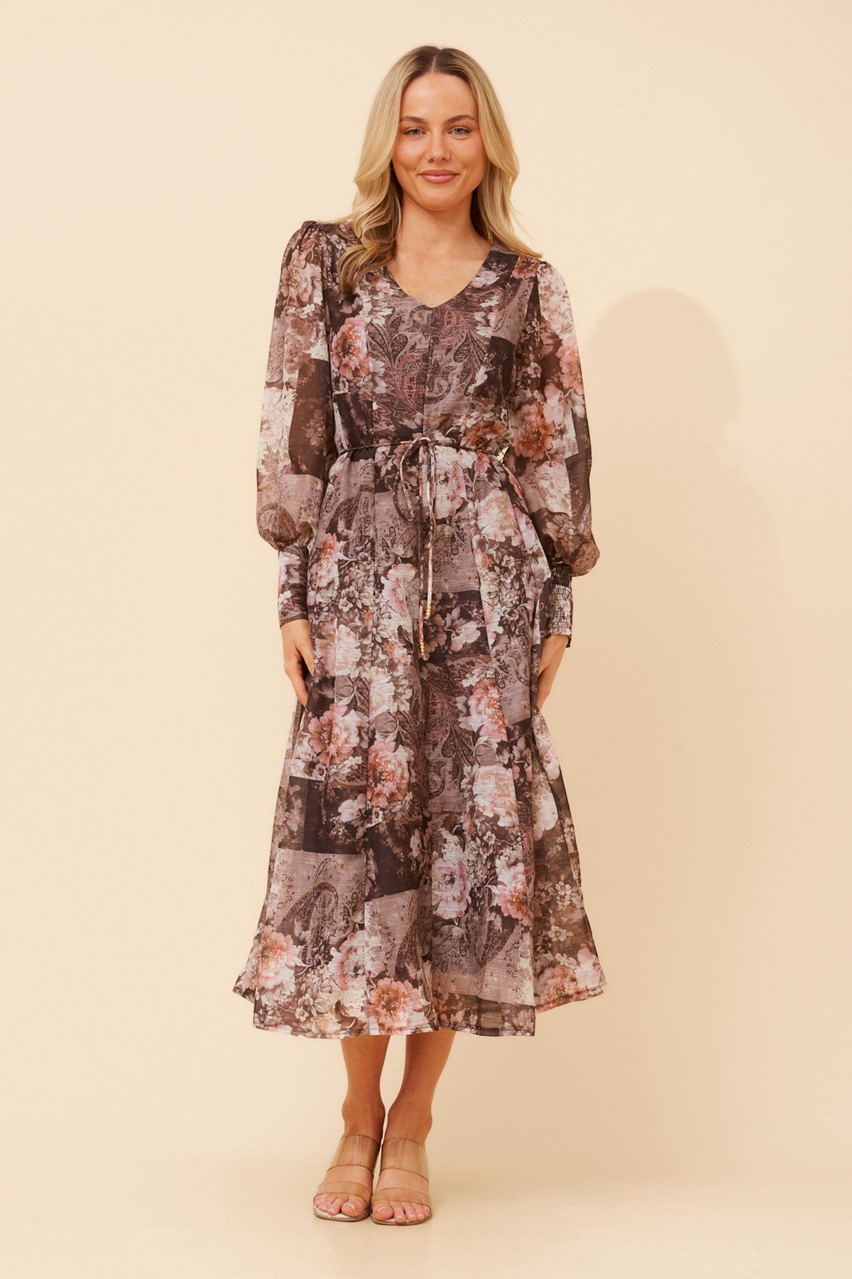 Image of Dresses. Product name - JANAE FLORAL MIDI DRESS in Chocolate colour by brand - Caroline Morgan Australia