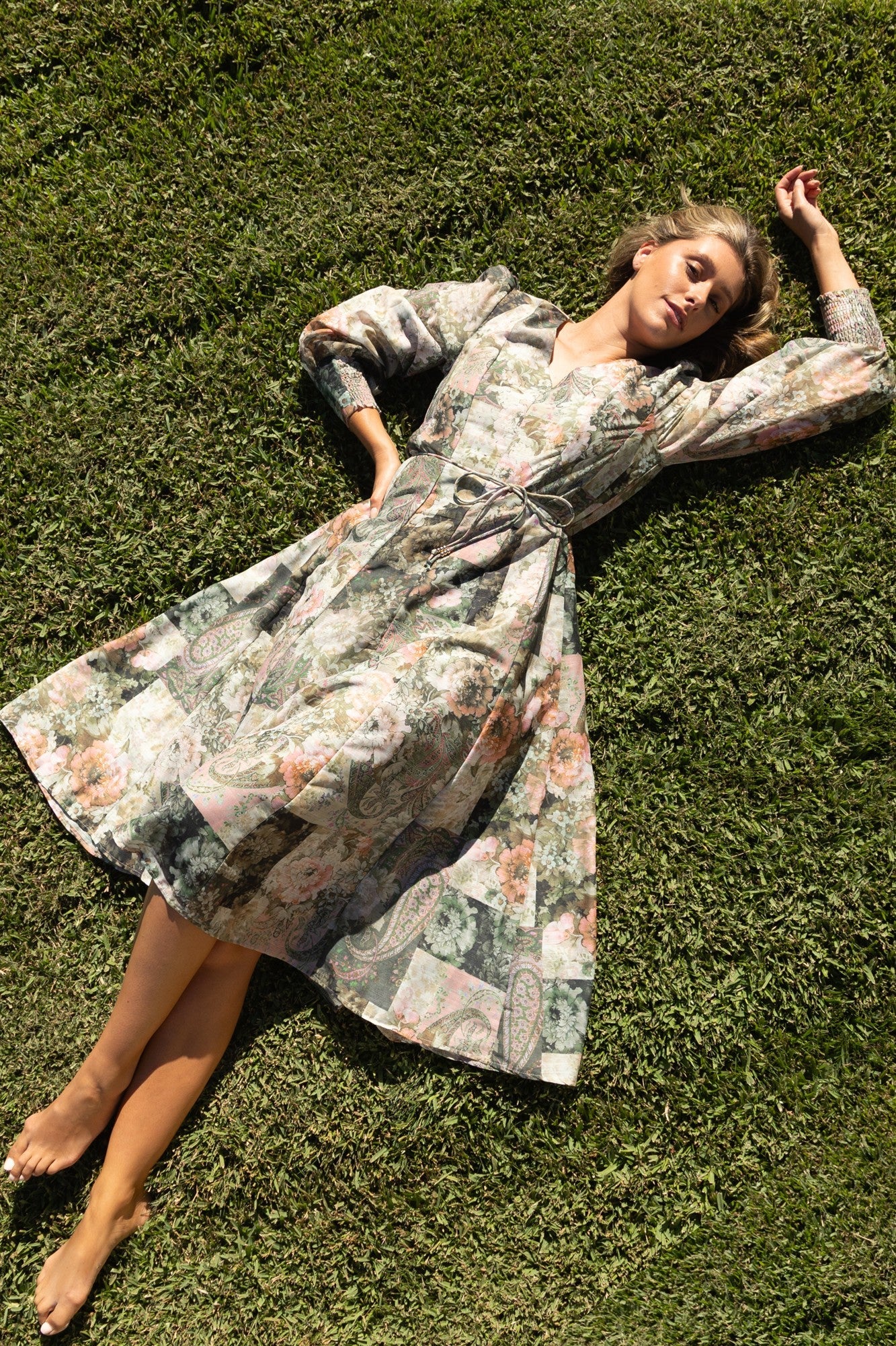 Image of Dresses. Product name - JANAE FLORAL MIDI DRESS in Olive colour by brand - Caroline Morgan Australia