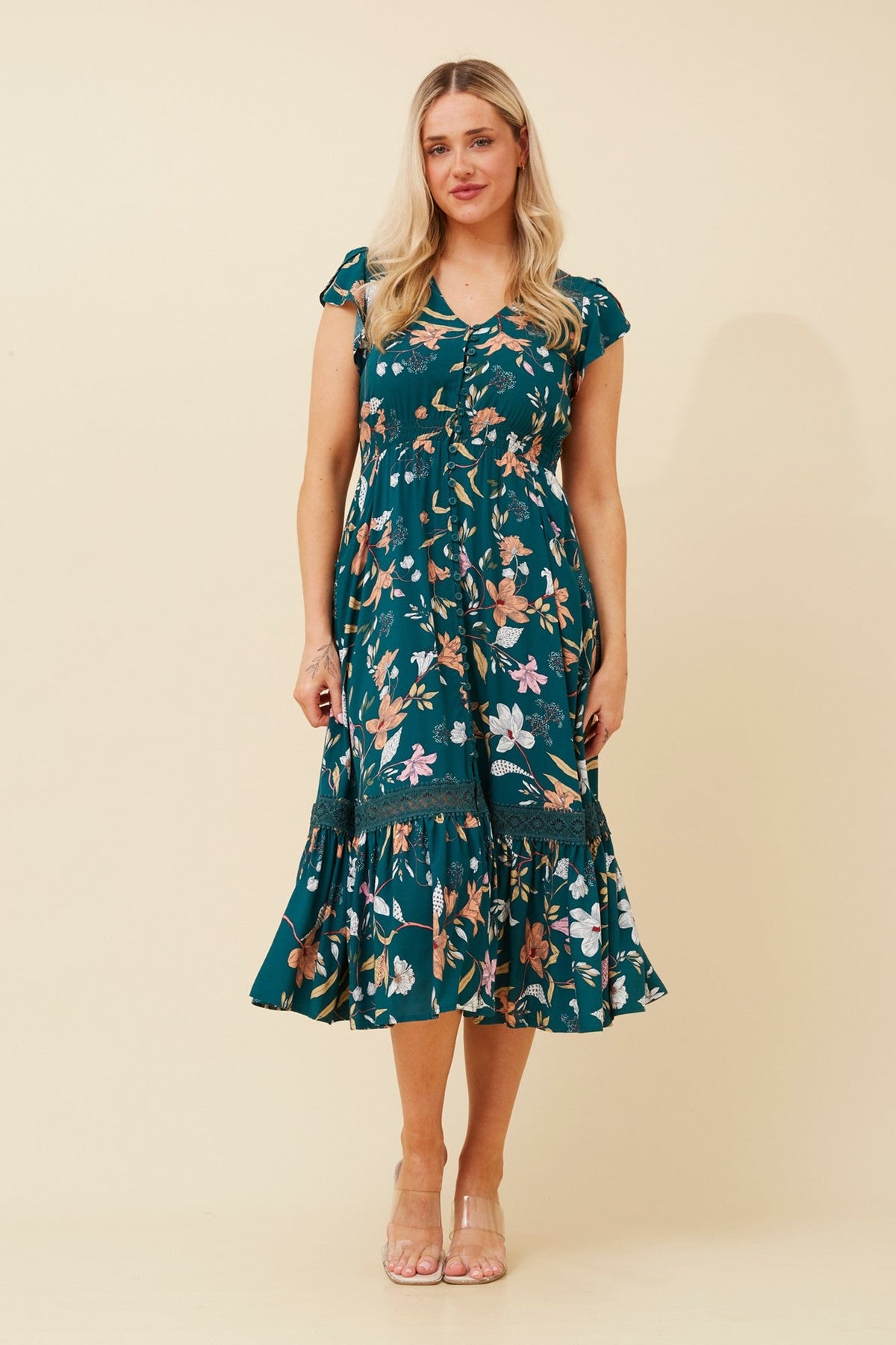 Image of Dresses. Product name - MOROCCO FLORAL MIDI DRESS in Multi Green colour by brand - Caroline Morgan Australia