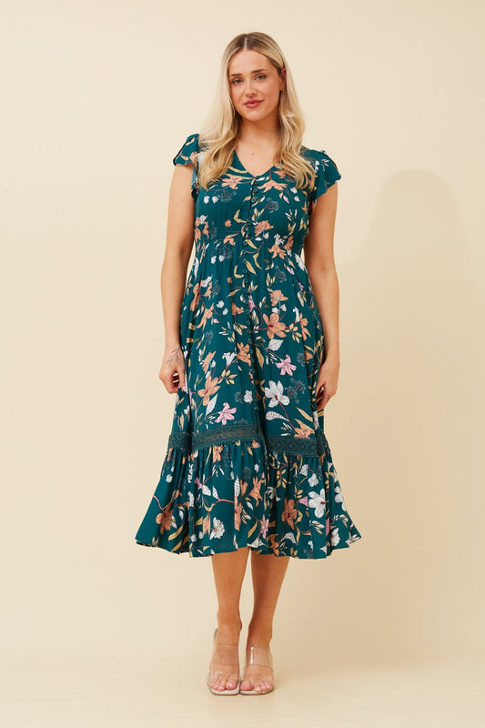 Image of Dresses. Product name - MOROCCO FLORAL MIDI DRESS in Multi Green colour by brand - Caroline Morgan Australia
