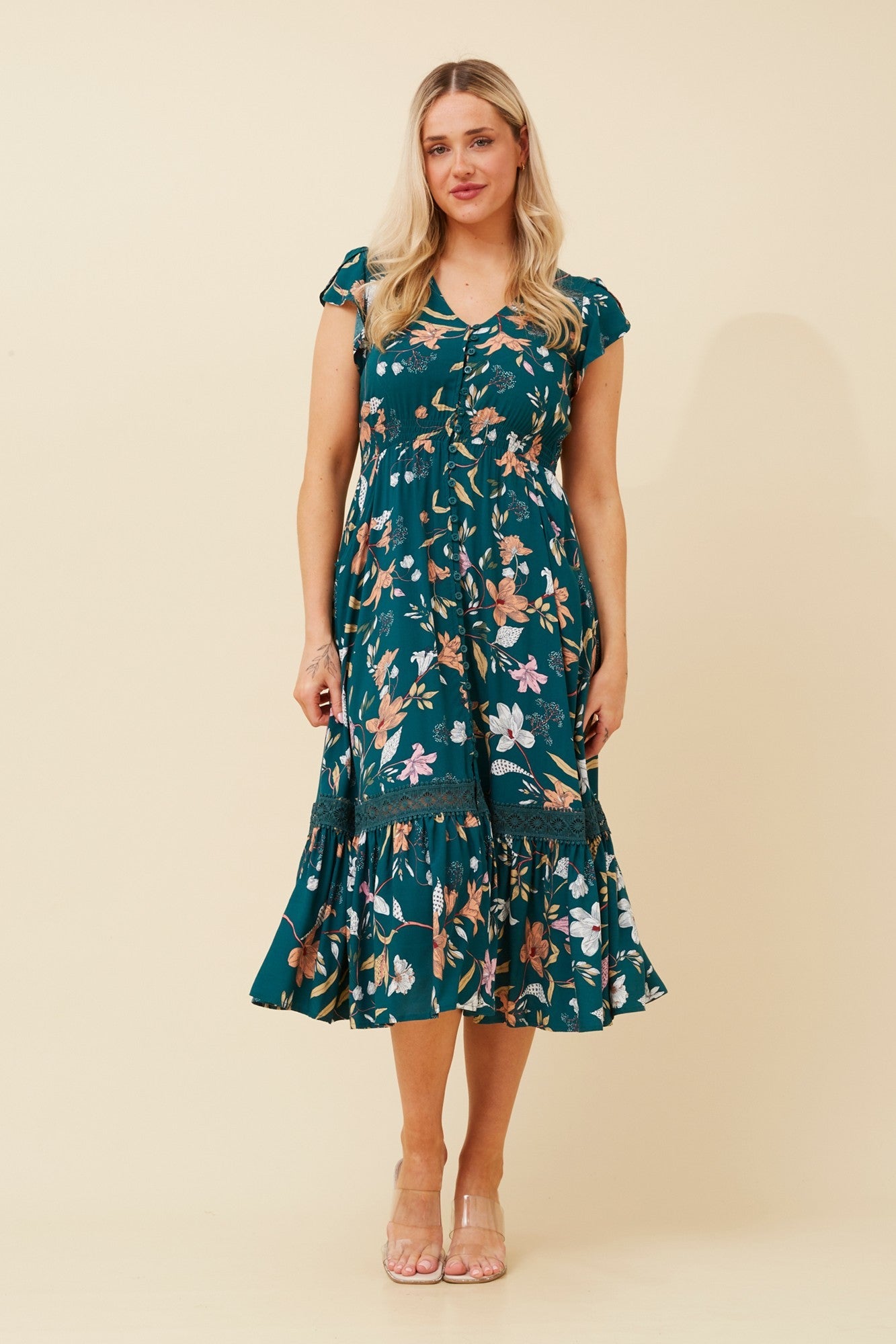 MOROCCO FLORAL MIDI DRESS (Multi Green)