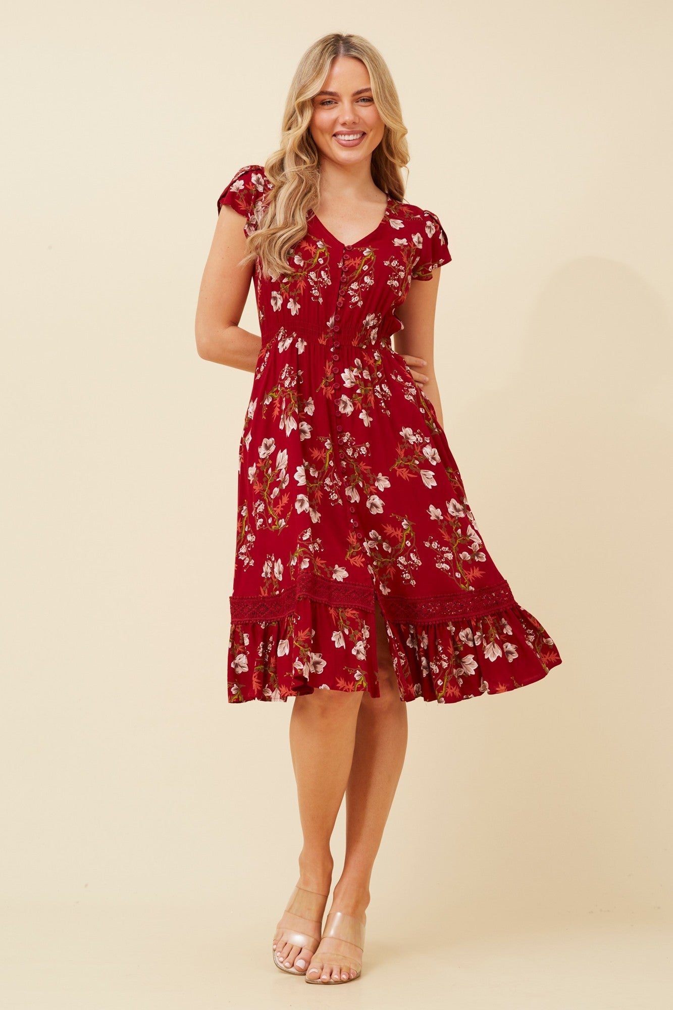 Image of Dresses. Product name - MOROCCO FLORAL KNEE LENGTH DRESS in Navy colour by brand - Caroline Morgan Australia