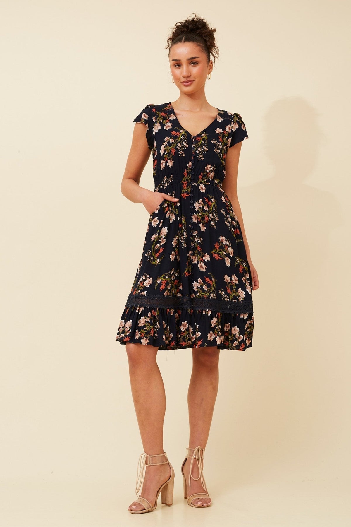 MOROCCO FLORAL KNEE LENGTH DRESS (Navy)