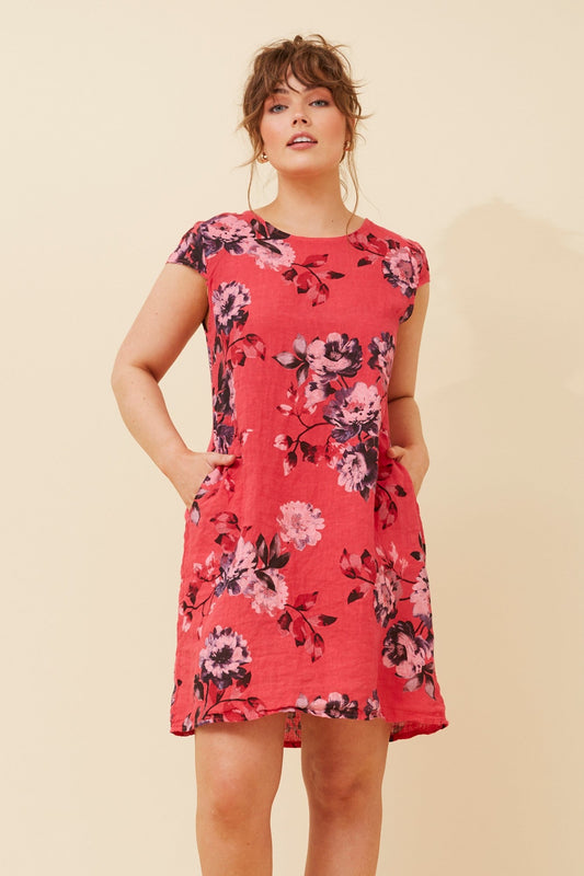Image of Dresses. Product name - SISLEY FLORAL LINEN DRESS in Beige colour by brand - BOTTEGA MODA