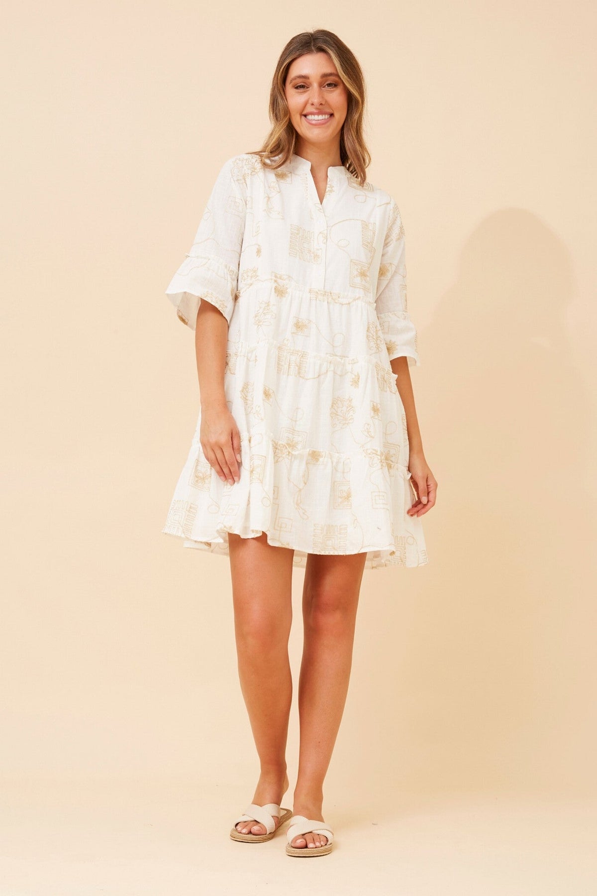 Image of Dresses. Product name - MIRELLE EMBROIDERED DRESS in White colour by brand - Caroline Morgan Australia