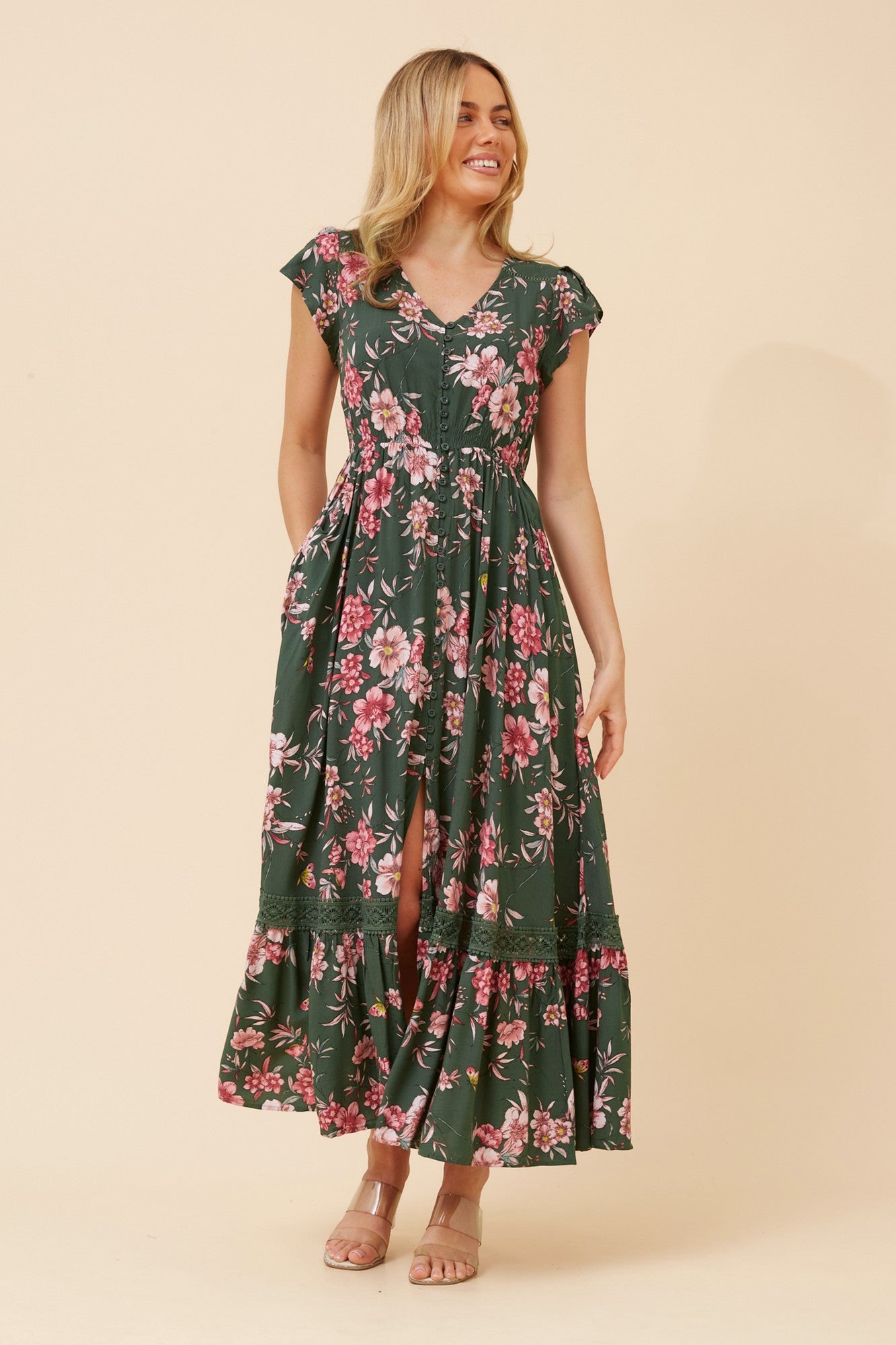 Image of Dresses. Product name - MOROCCO FLORAL MAXI DRESS in Green Ash colour by brand - Caroline Morgan Australia