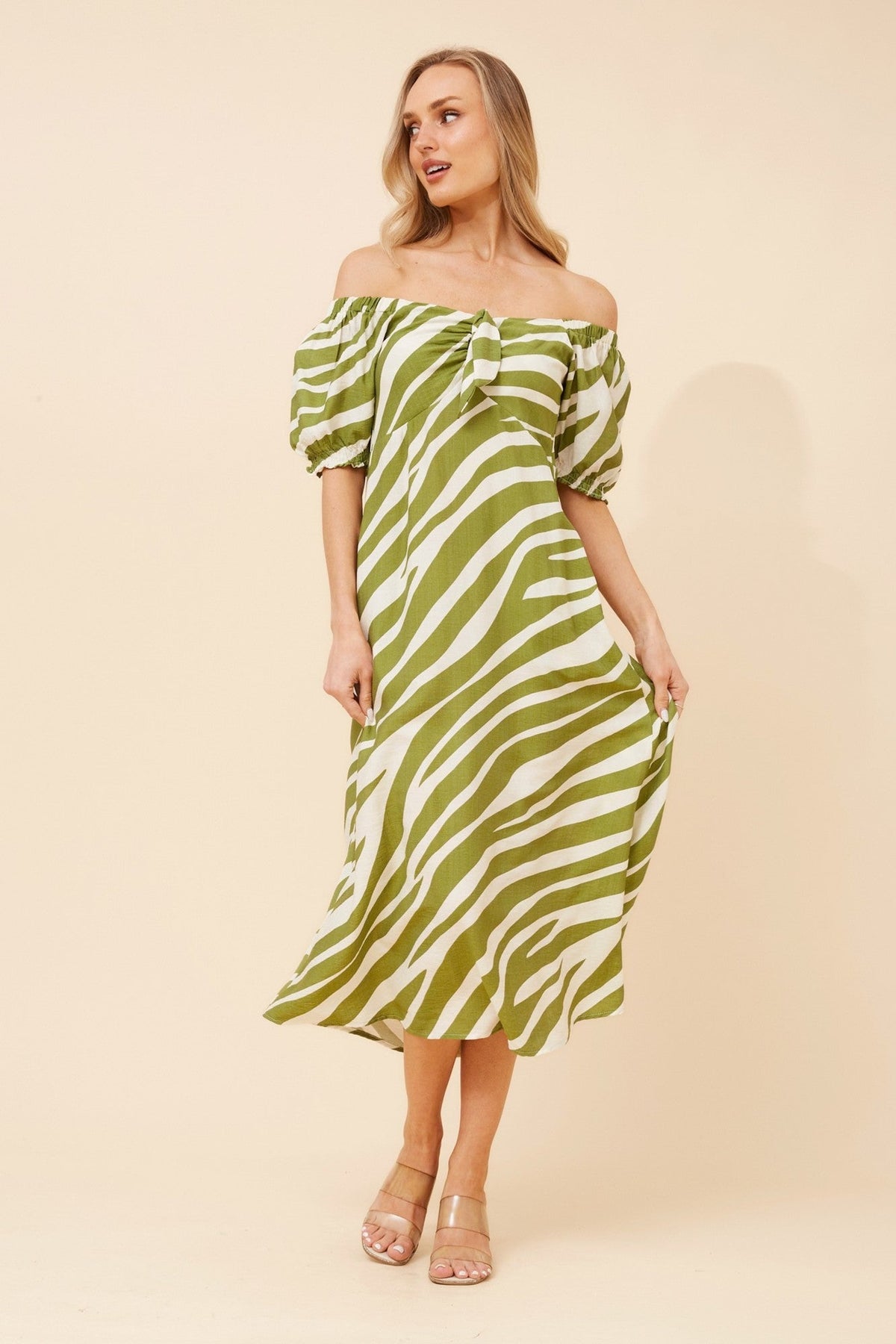 Image of Dresses. Product name - FAITH ANIMAL PRINT MIDI DRESS in Green colour by brand - Caroline Morgan Australia
