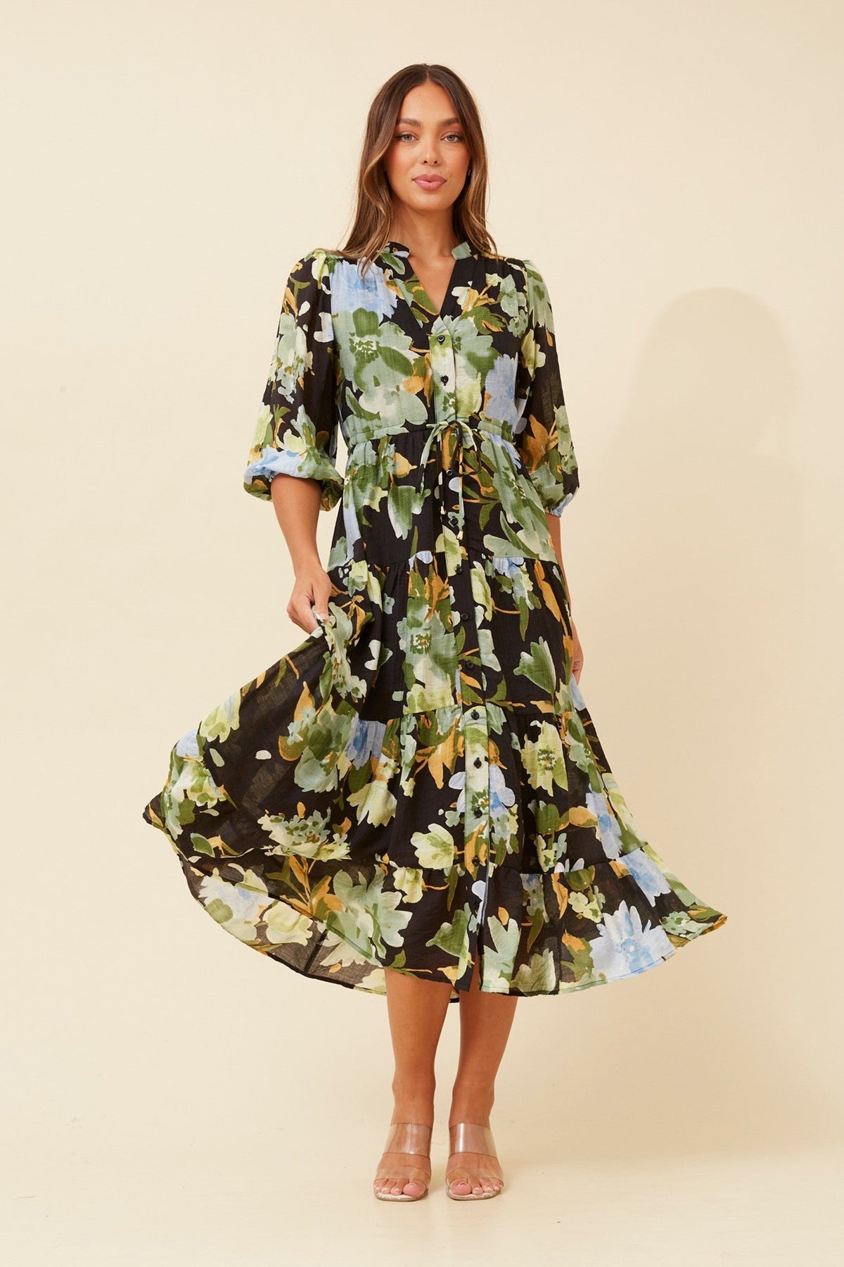 Image of Dresses. Product name - WRENLEY FLORAL DRESS in Multi Black colour by brand - Caroline Morgan Australia