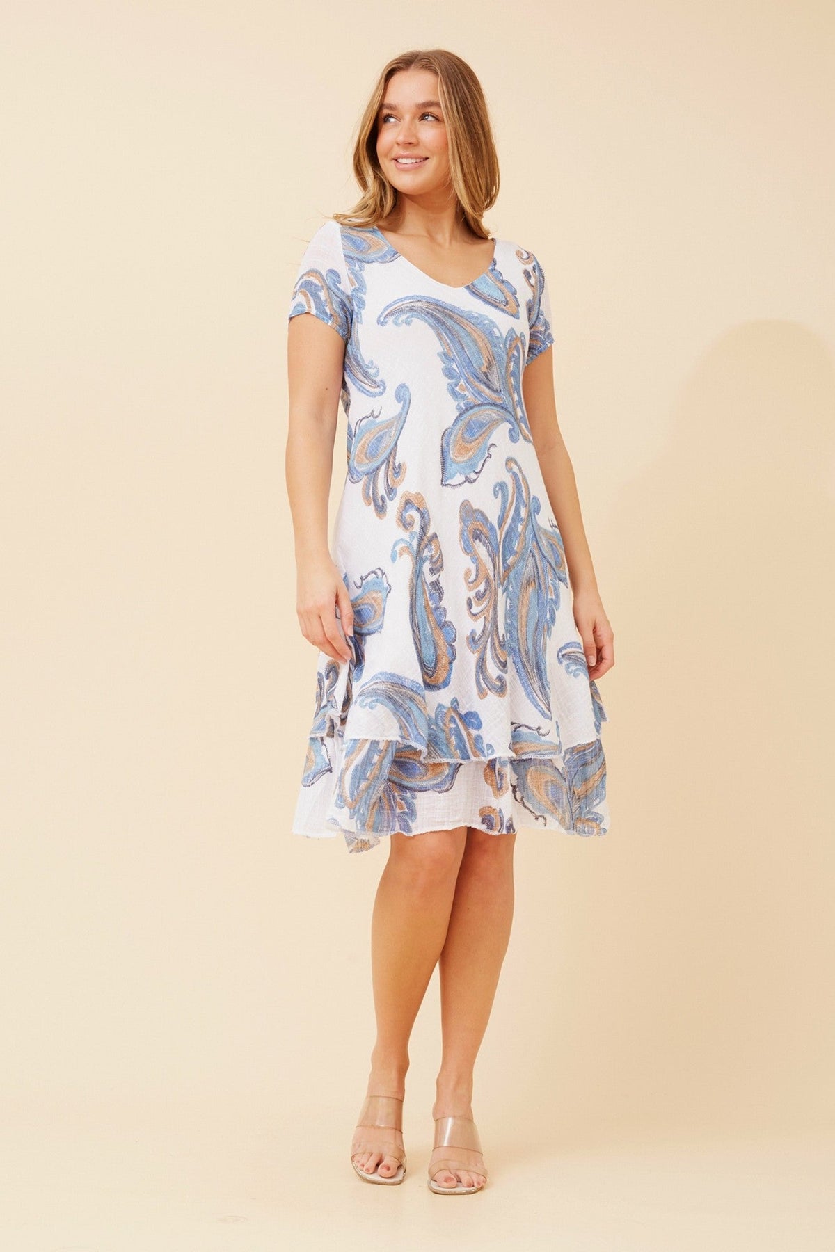 Image of Dresses. Product name - ELECTRA PAISLEY PRINT DRESS in Light Blue colour by brand - BOTTEGA MODA