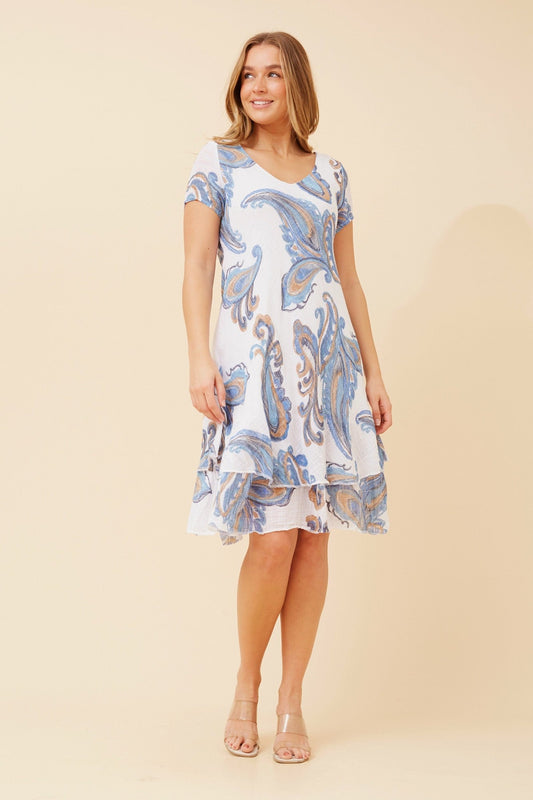 Image of Dresses. Product name - ELECTRA PAISLEY PRINT DRESS in Light Blue colour by brand - BOTTEGA MODA