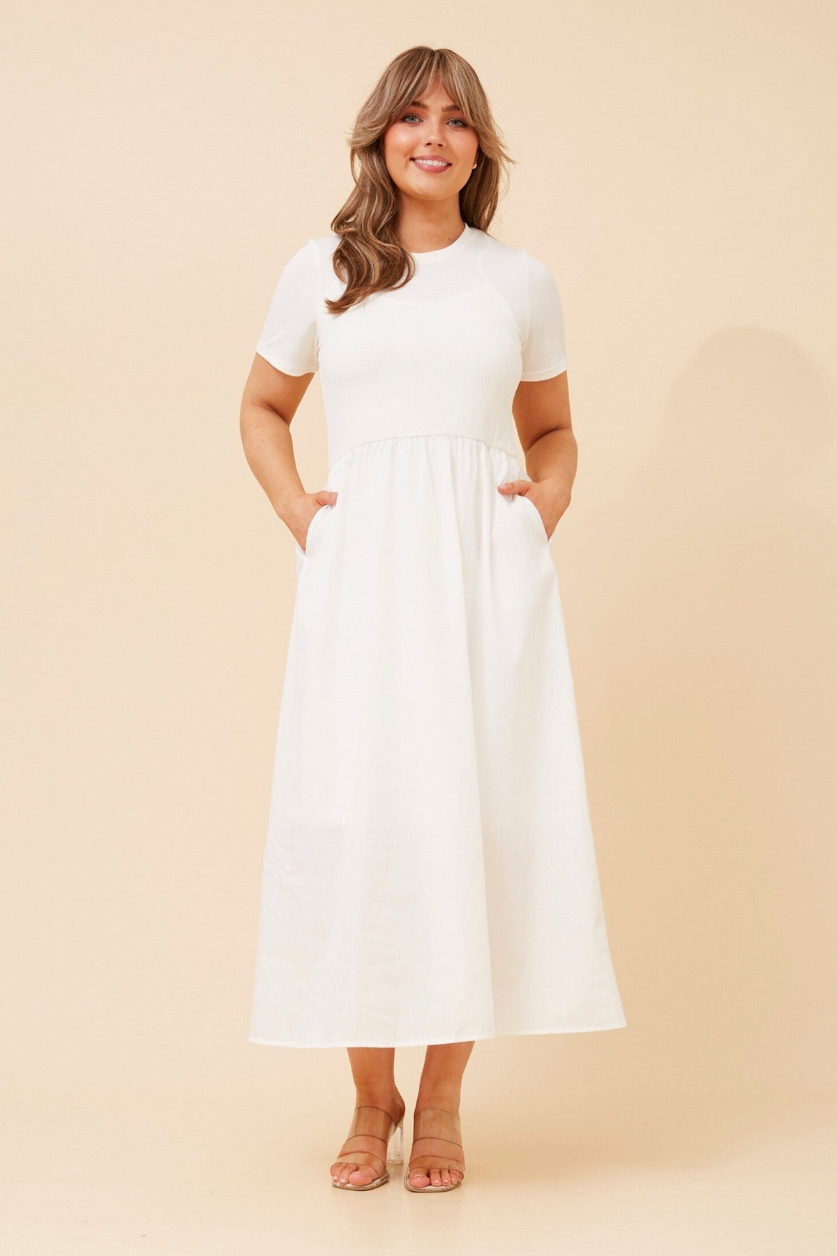 Image of Dresses. Product name - VIC DROP WAIST MIDI DRESS in White colour by brand - Caroline Morgan Australia
