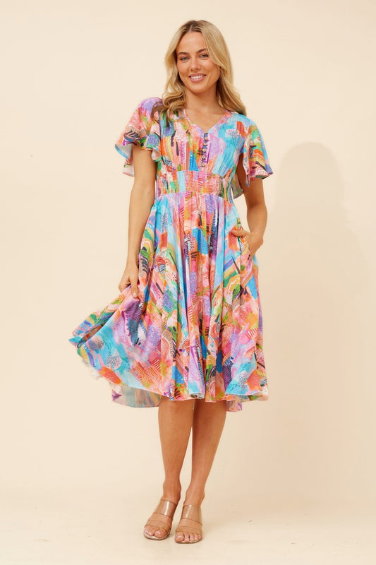 Image of Dresses. Product name - SANDY ABSTRACT PRINT DRESS in Multi colour by brand - Caroline Morgan Australia