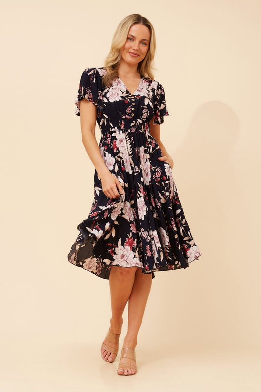 Image of Dresses. Product name - SANDY FLORAL DRESS in Multi Navy colour by brand - Caroline Morgan Australia