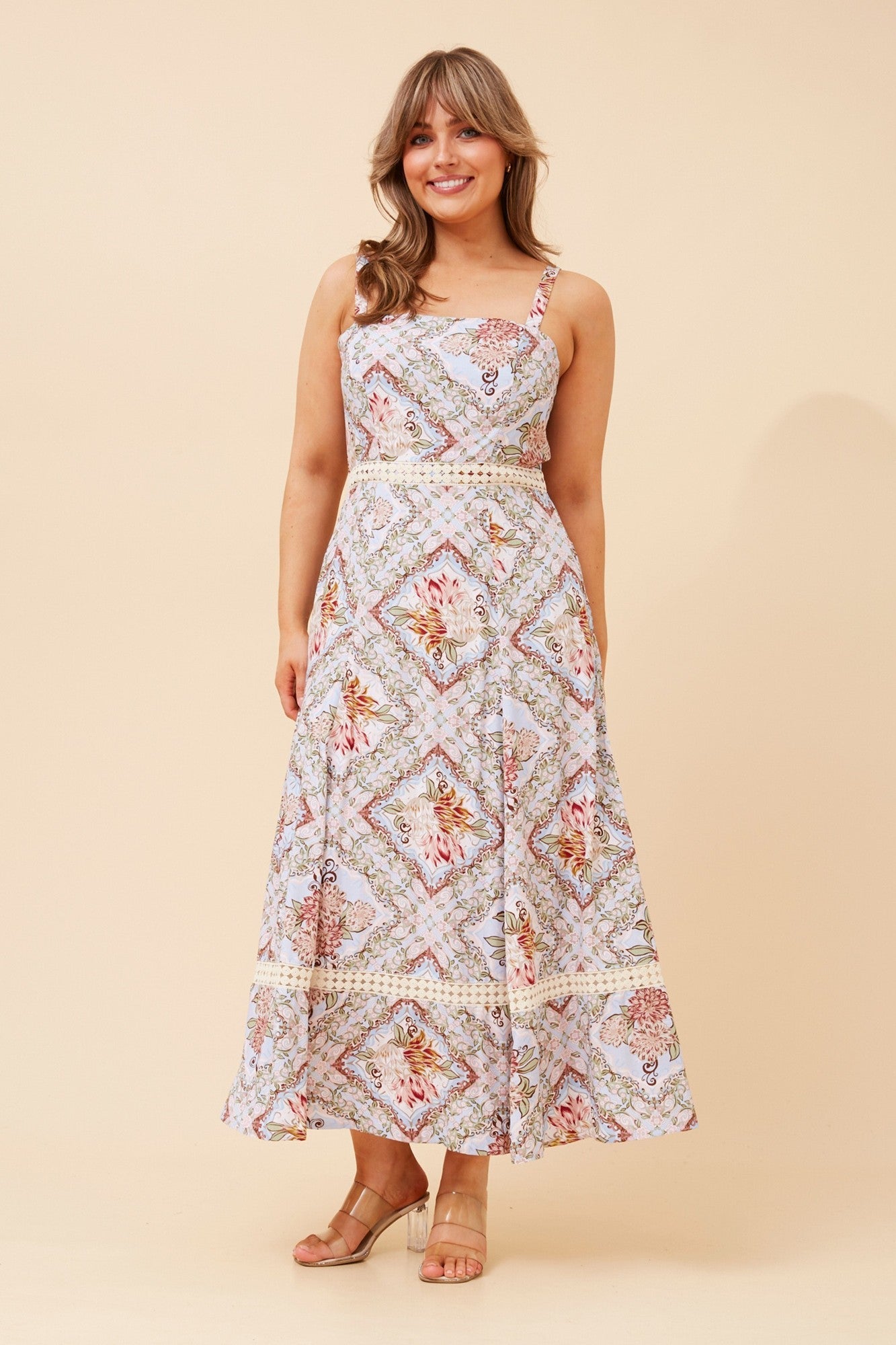 Image of Dresses. Product name - MARIS FLORAL LINEN BLEN DRESS in Multi Blue colour by brand - Caroline Morgan Australia