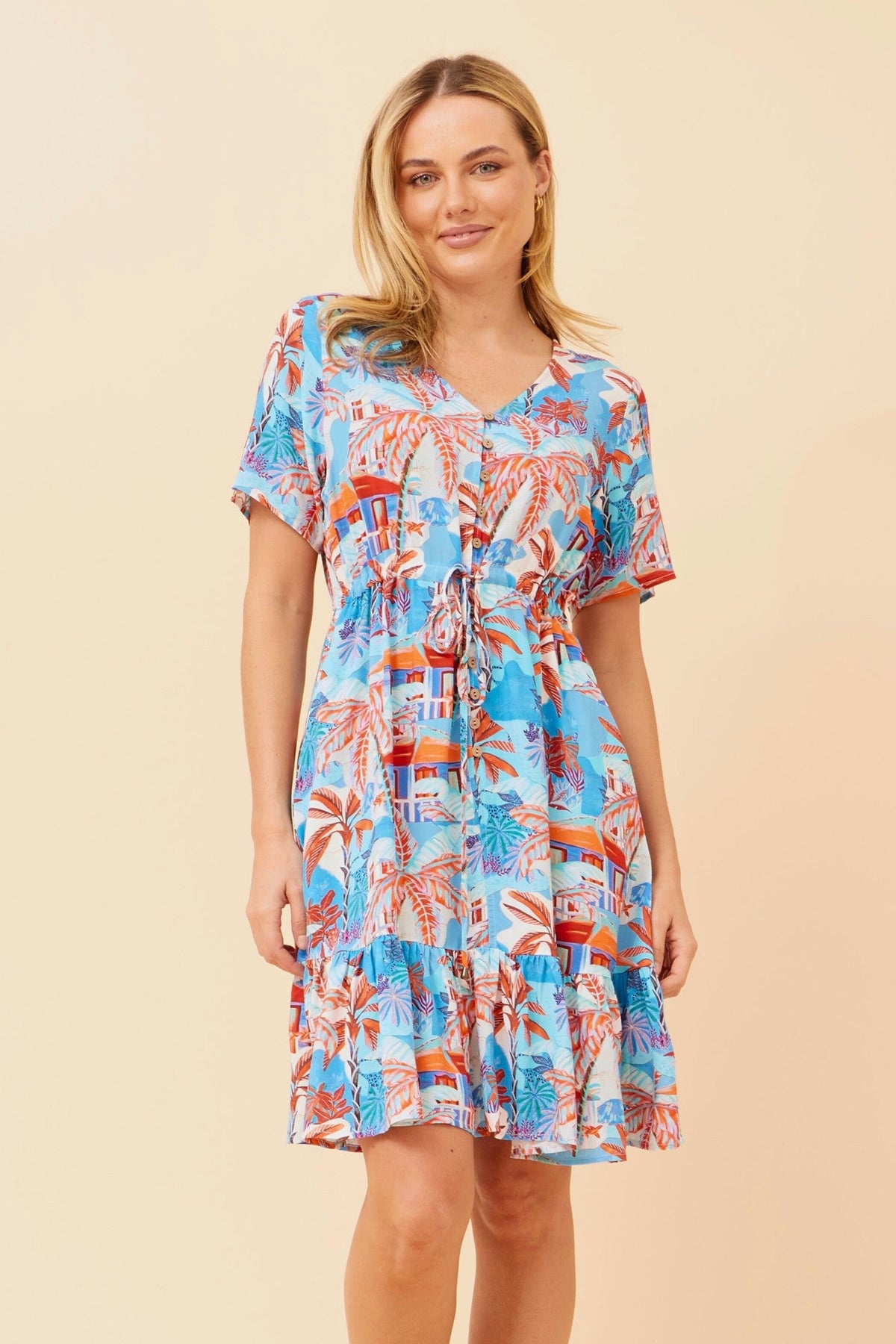 Image of Dresses. Product name - JAEL TROPICAL PRINT DRESS in Turquoise colour by brand - Caroline Morgan Australia