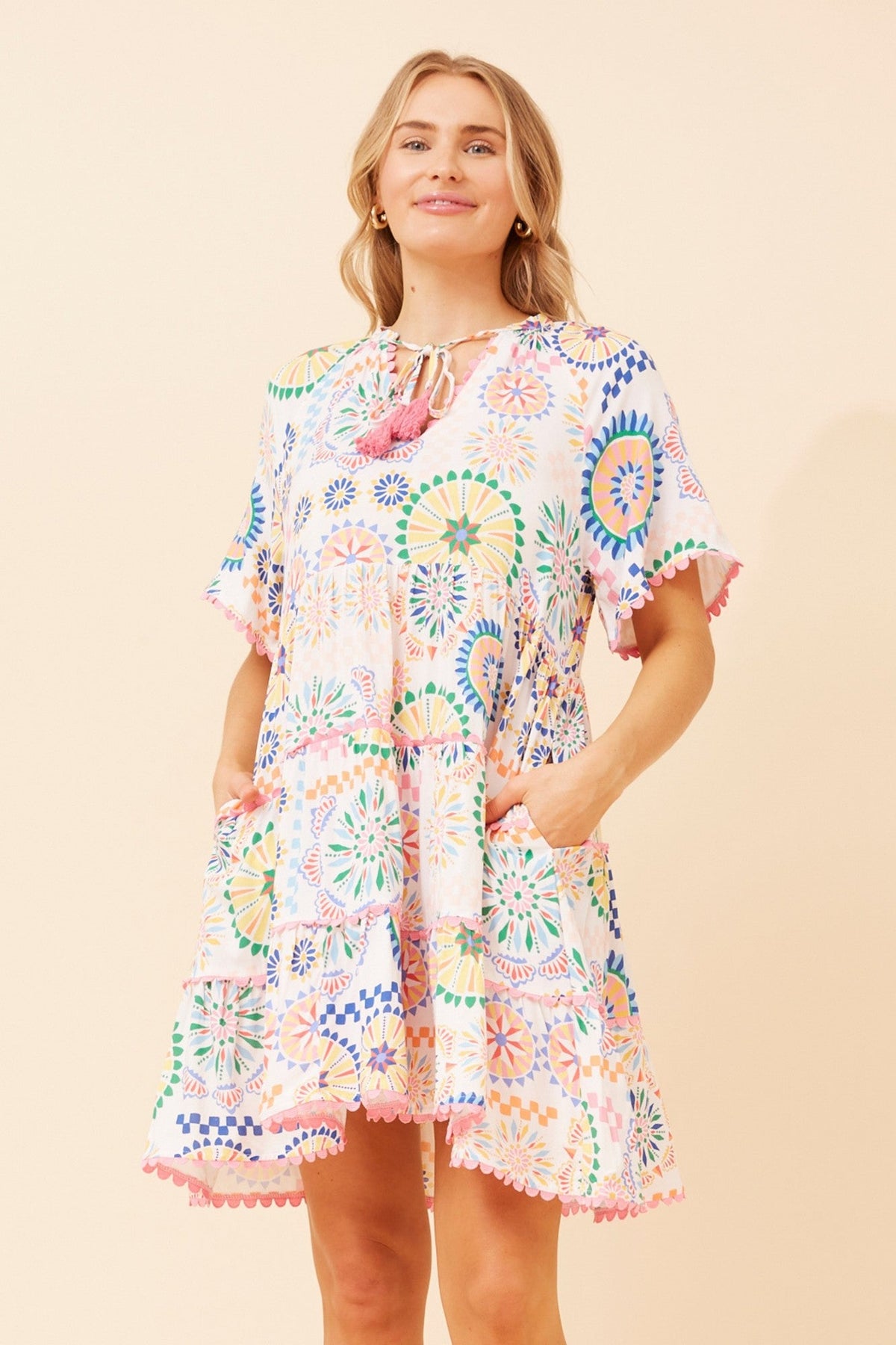 ZAMARI RIC RAC SHORT DRESS (Multi White)